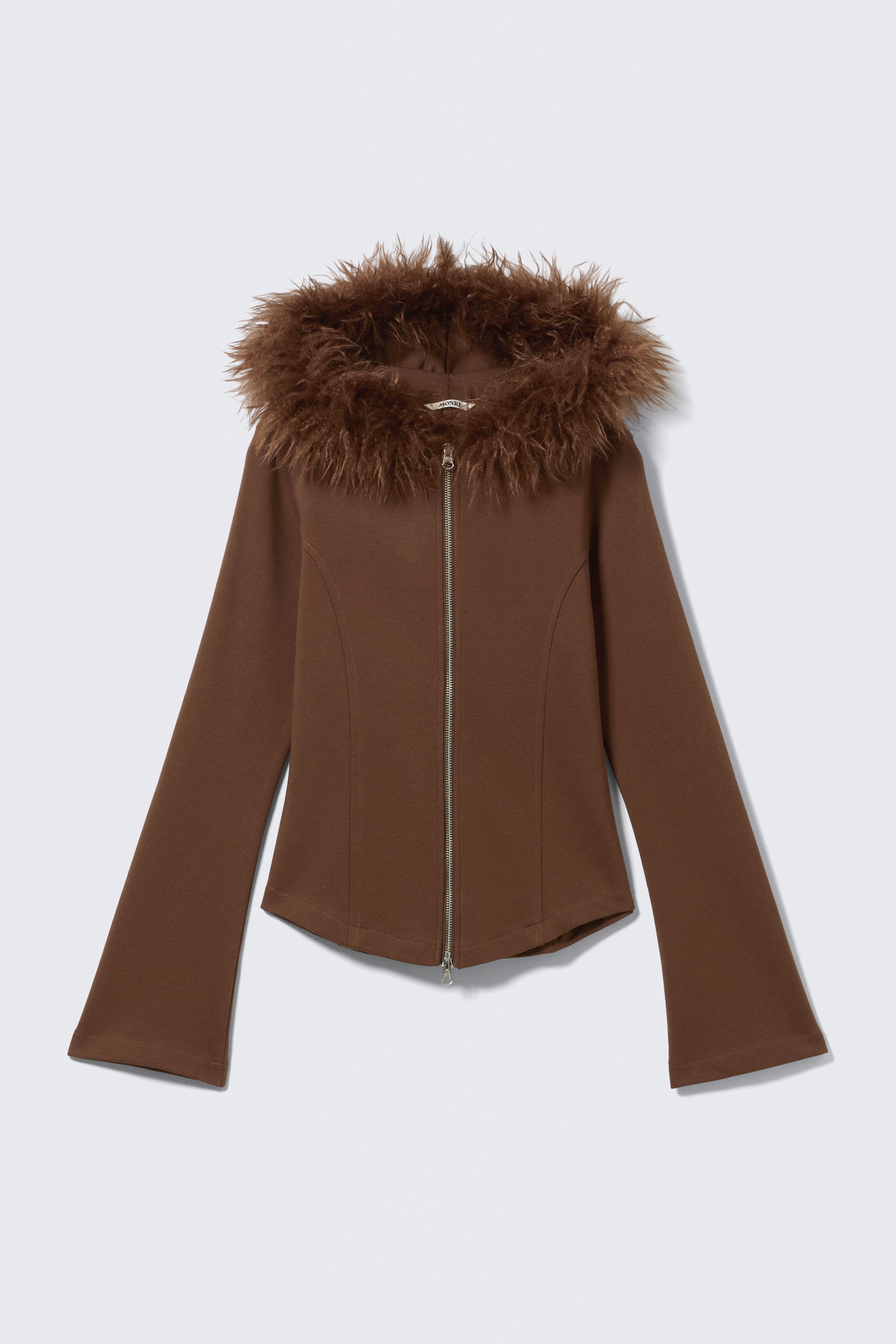 Eng anliegender Zip-Hoodie mit Kunstfellbesatz - Braun
