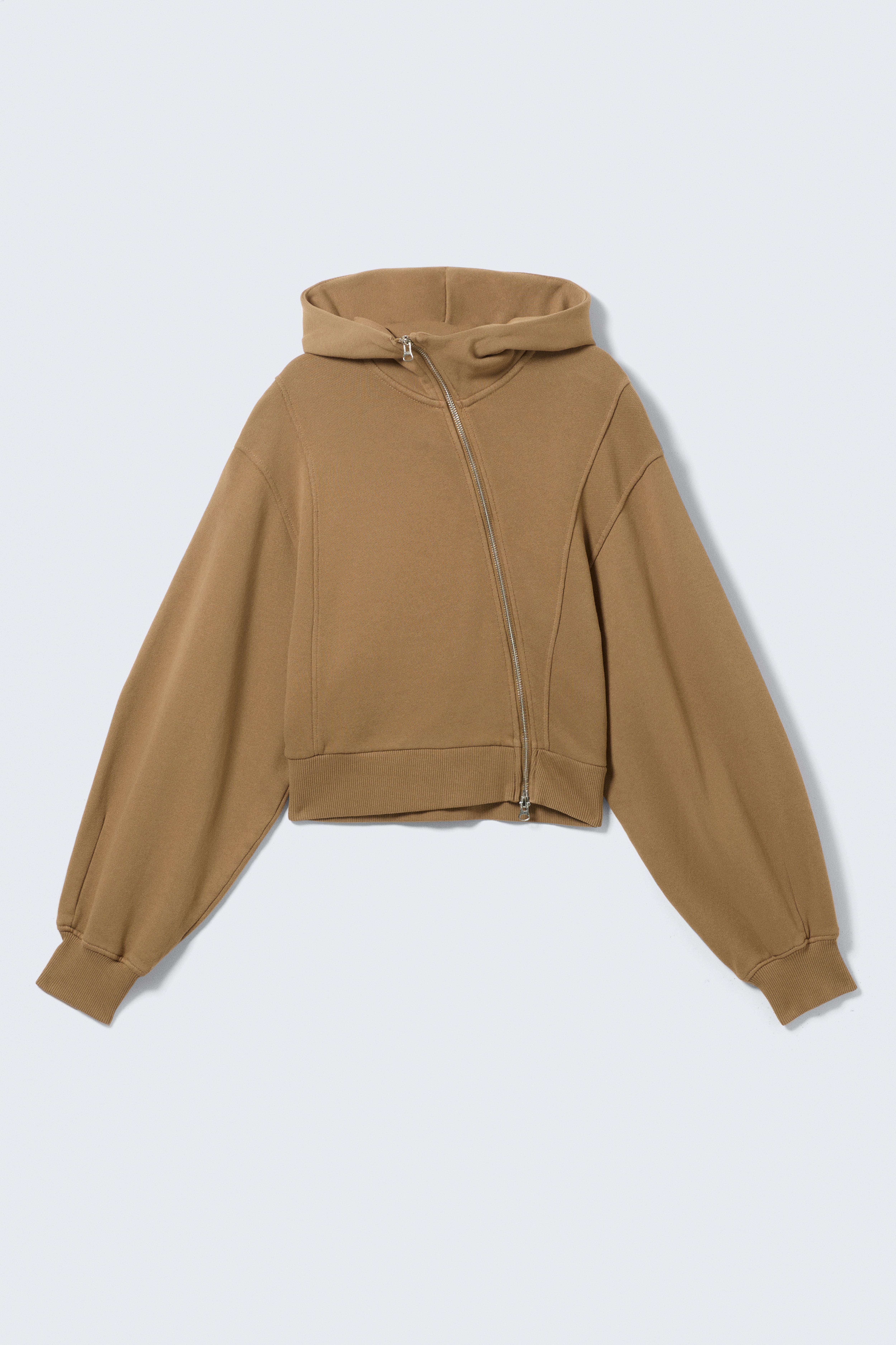 Cropped Hoodie mit asymmetrischem Reißverschluss - Gewaschenes Dunkelbeige/Schwarz