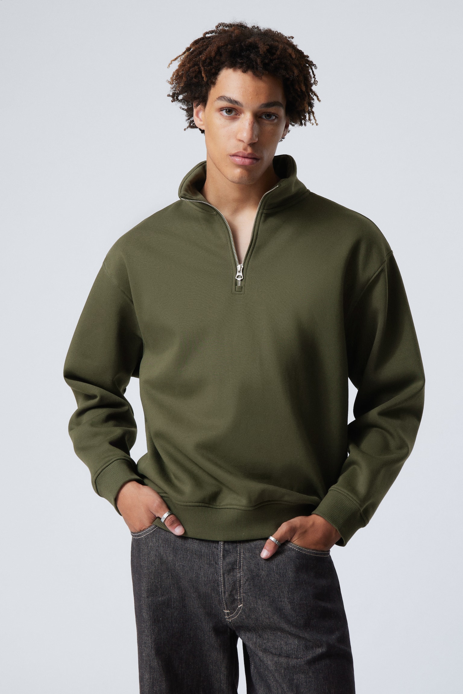 Relaxed Heavy Half Zip Sweater - Dark Khaki Green/Dark Blue/Light Grey/Dusty Grey/Black/Dark Brown - 1