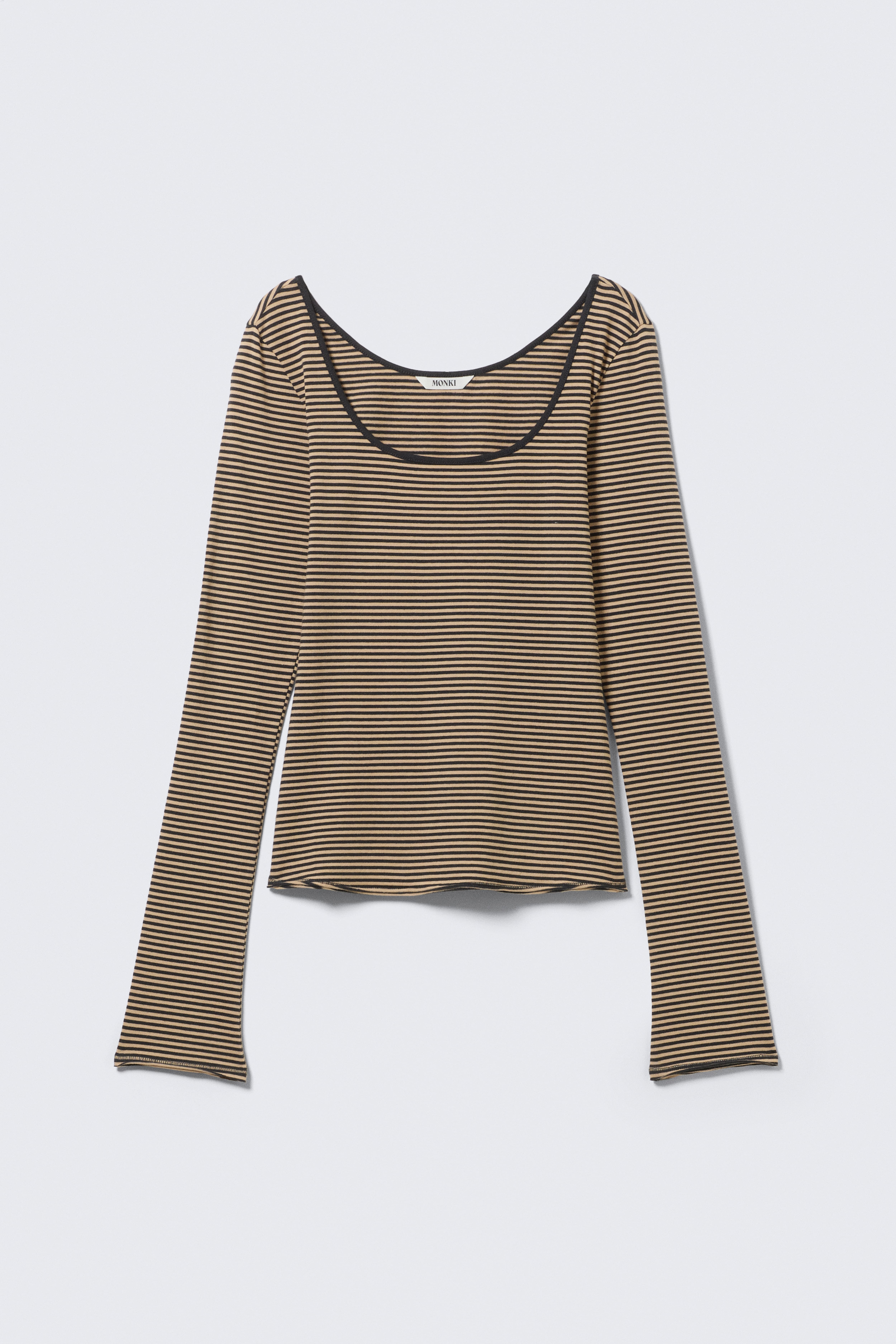 Long-Sleeved Slim Fit Scoop Neck Top - Beige/Black Stripe/Light Yellow/Light Pink/Brown Stripe/Brown/White/Grey Melange/Pink & Burgundy Stripes/Black & White Stripes