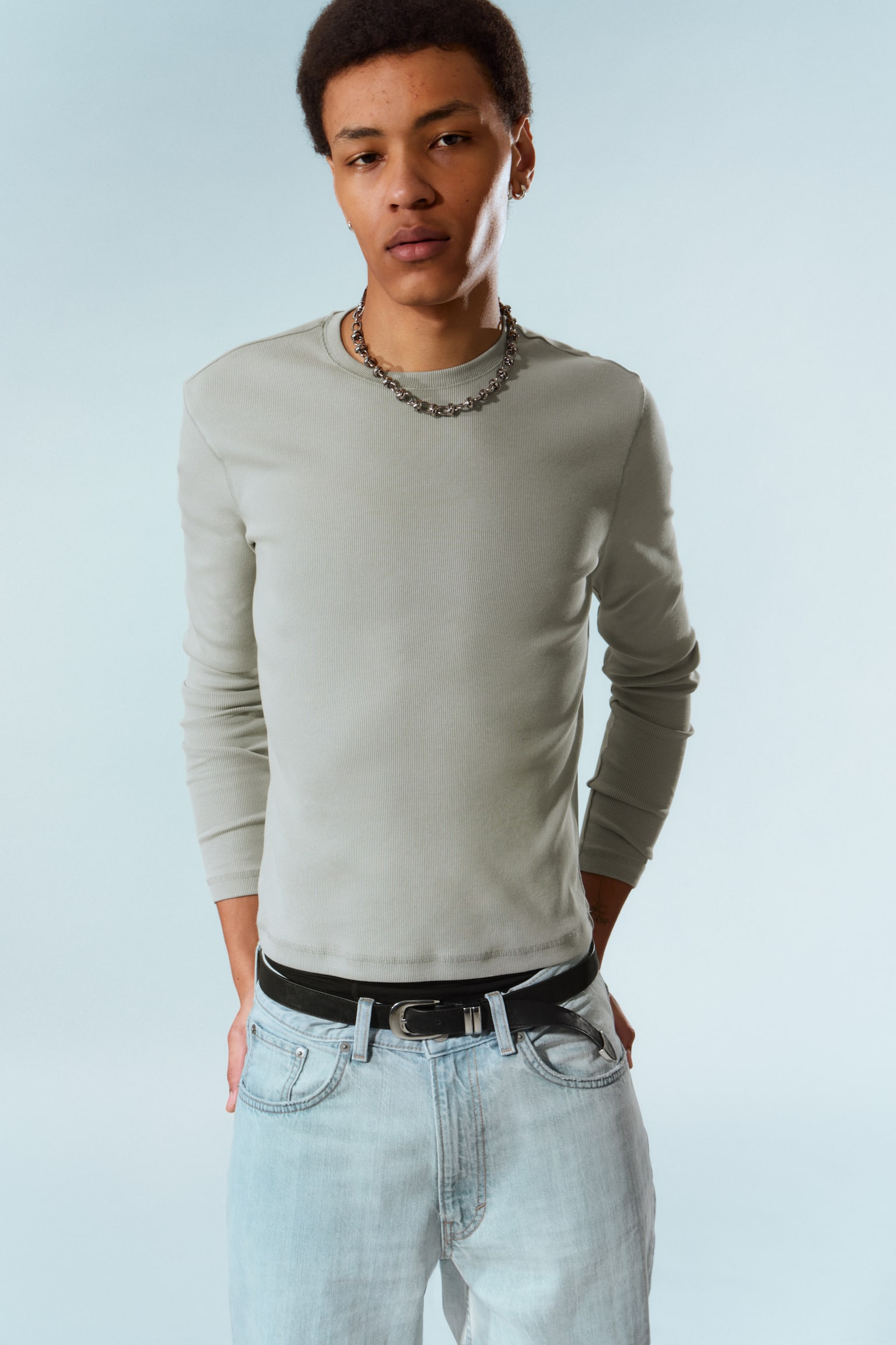 T-shirt côtelé à manches longues - Gris/Bleu foncé/Bleu délavé/Vert foncé - 1