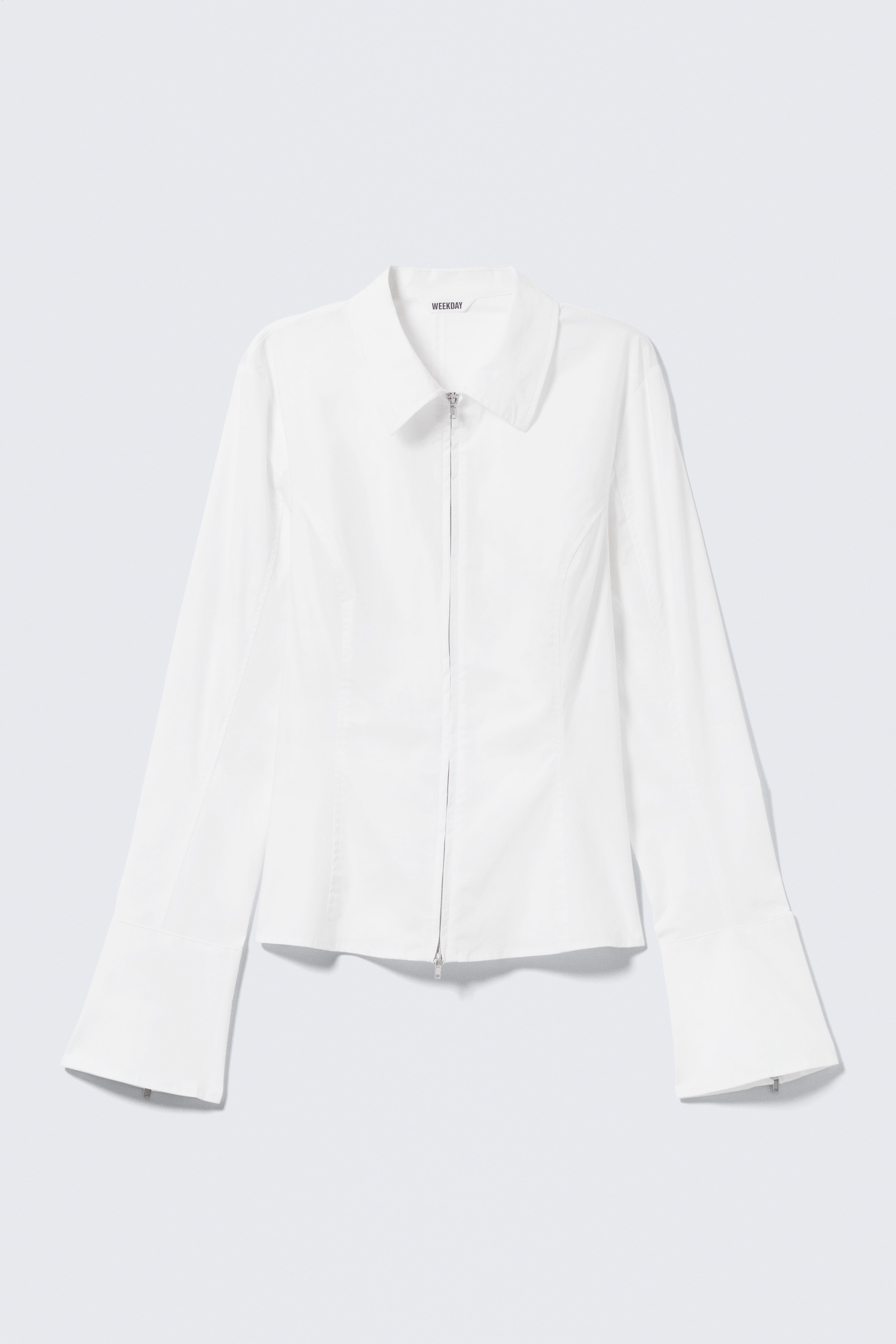 Langärmeliges, tailliertes Hemd mit Reißverschluss - Weiß/Dunkelgrau meliert m. Streifen