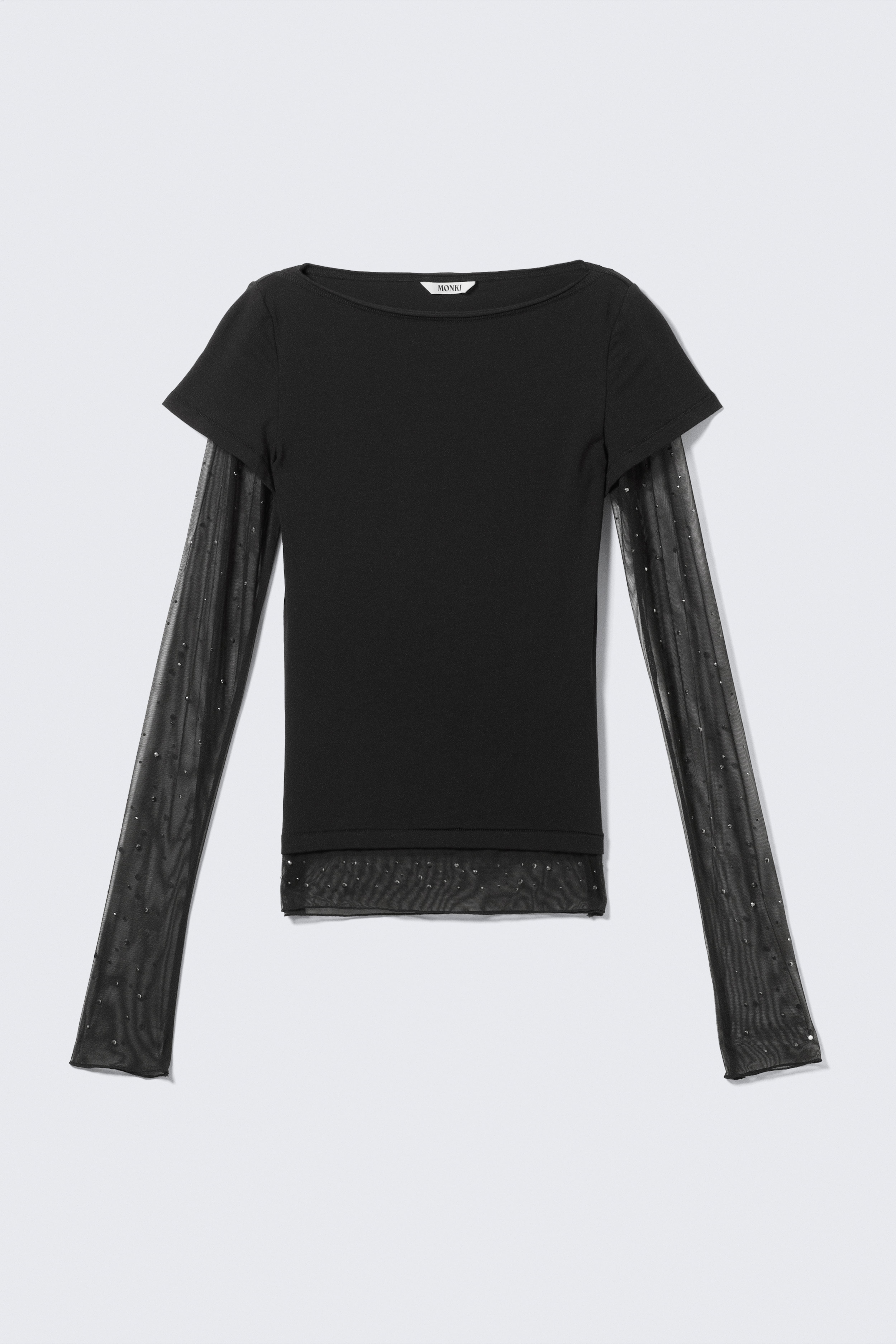 Top mit Netzärmeln und Strass - Schwarz