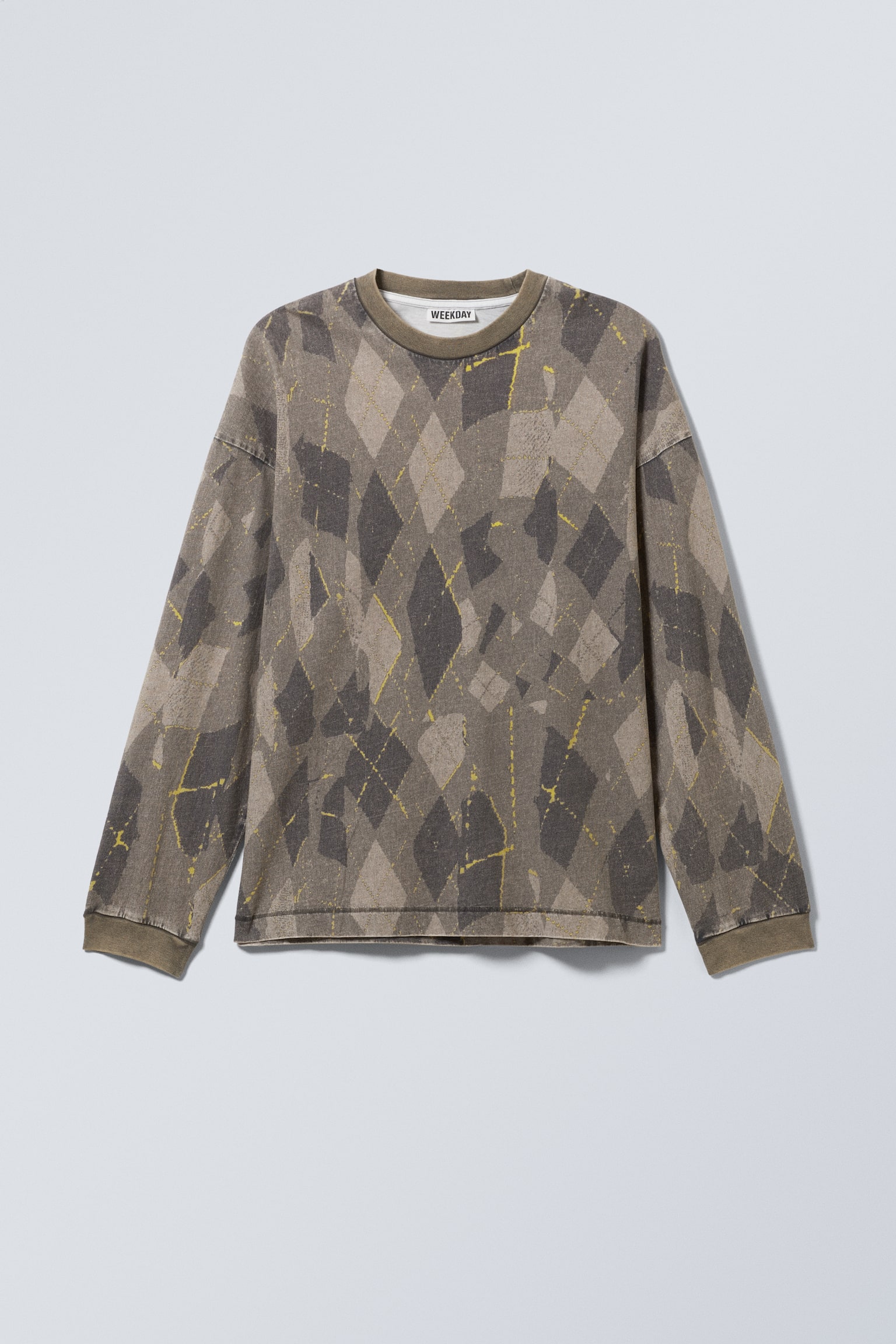 Loose Graphic Long Sleeve T-shirt - Dark Mole - Wobbly Argyle/Dark Black - 1