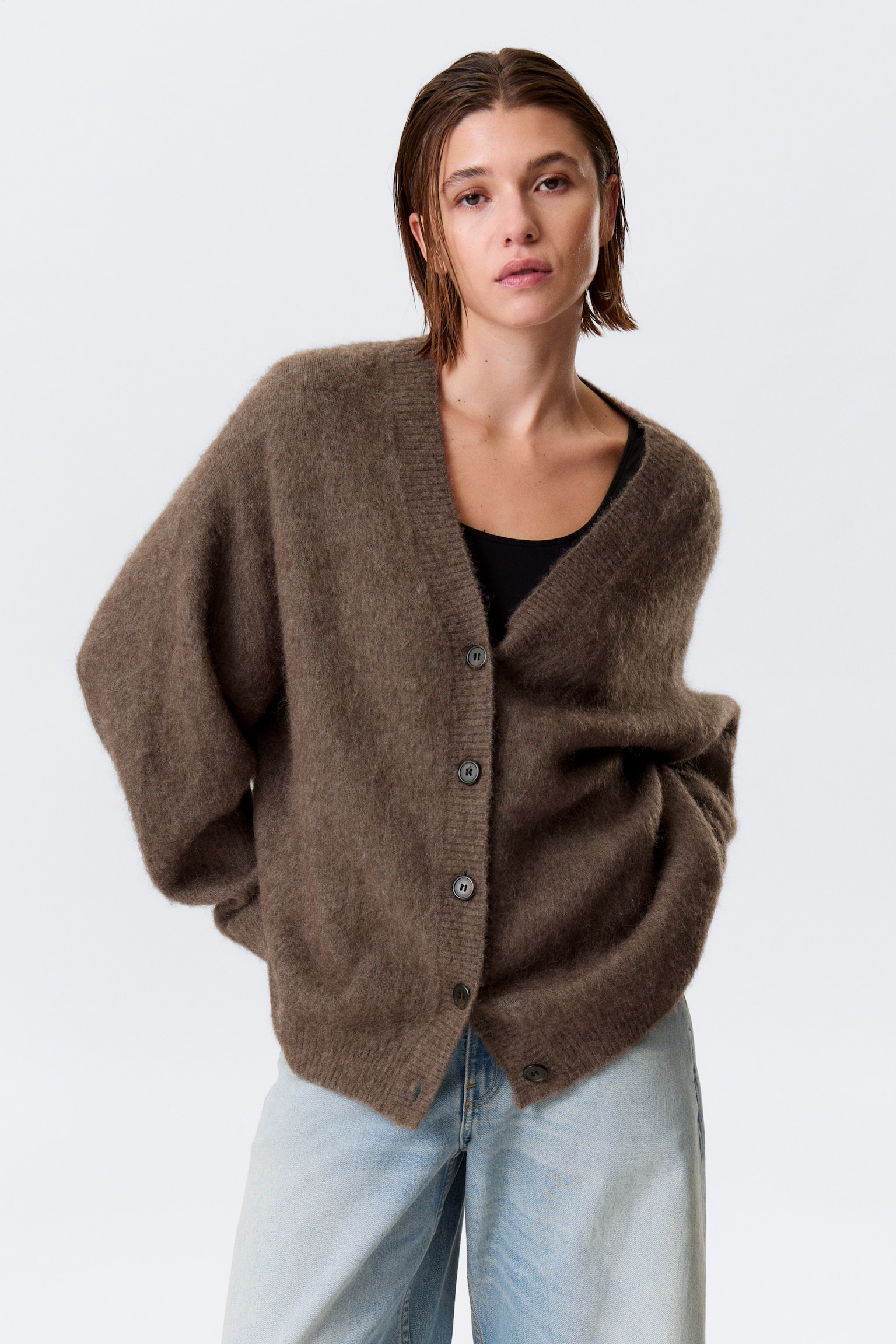 Vest van mohairmix met V-hals - Loose Fit - Donkerbruin gemêleerd/Donkergrijs - 6