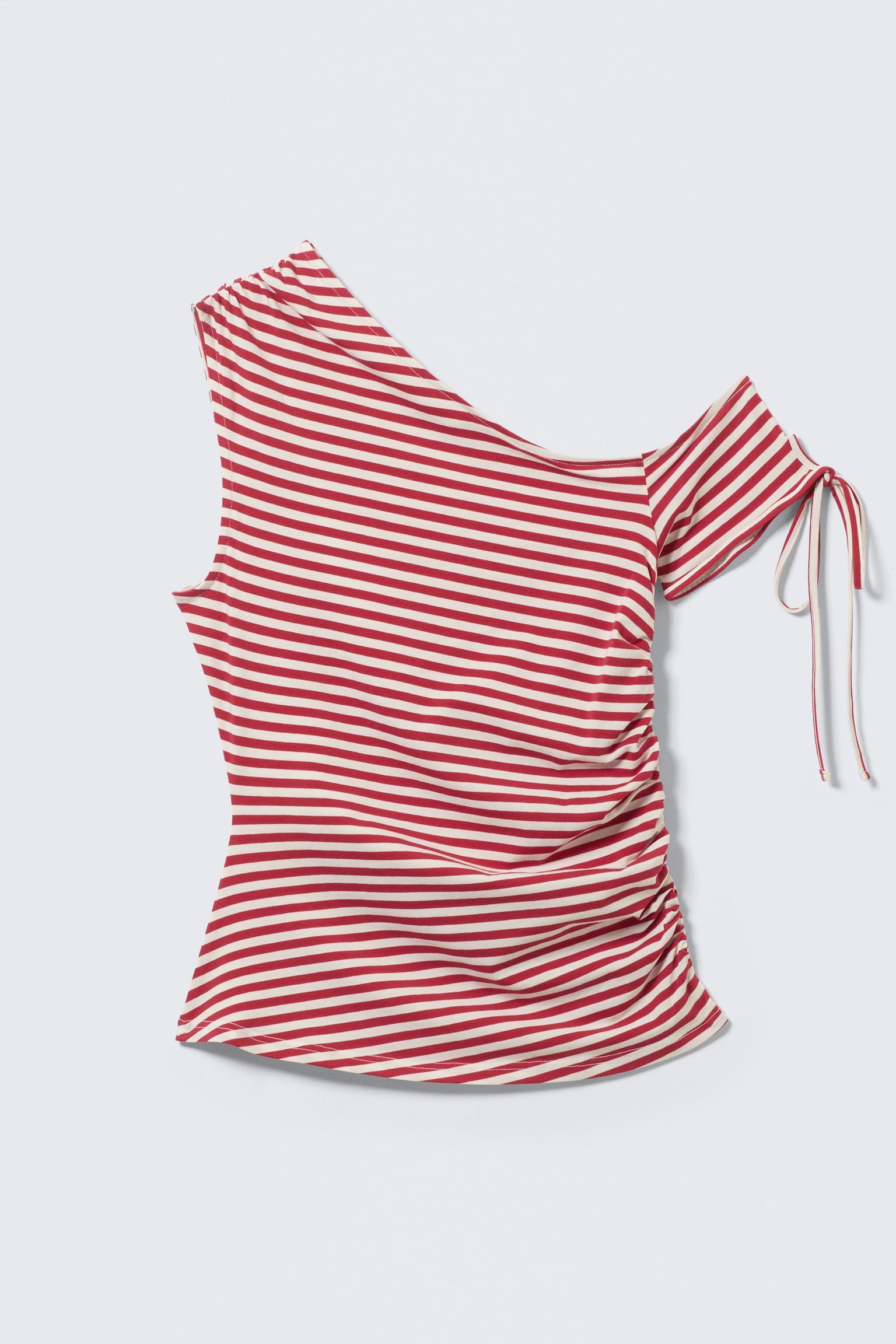 Nauwsluitende off-shouldertop met ruches - Rood/wit gestreept - 2