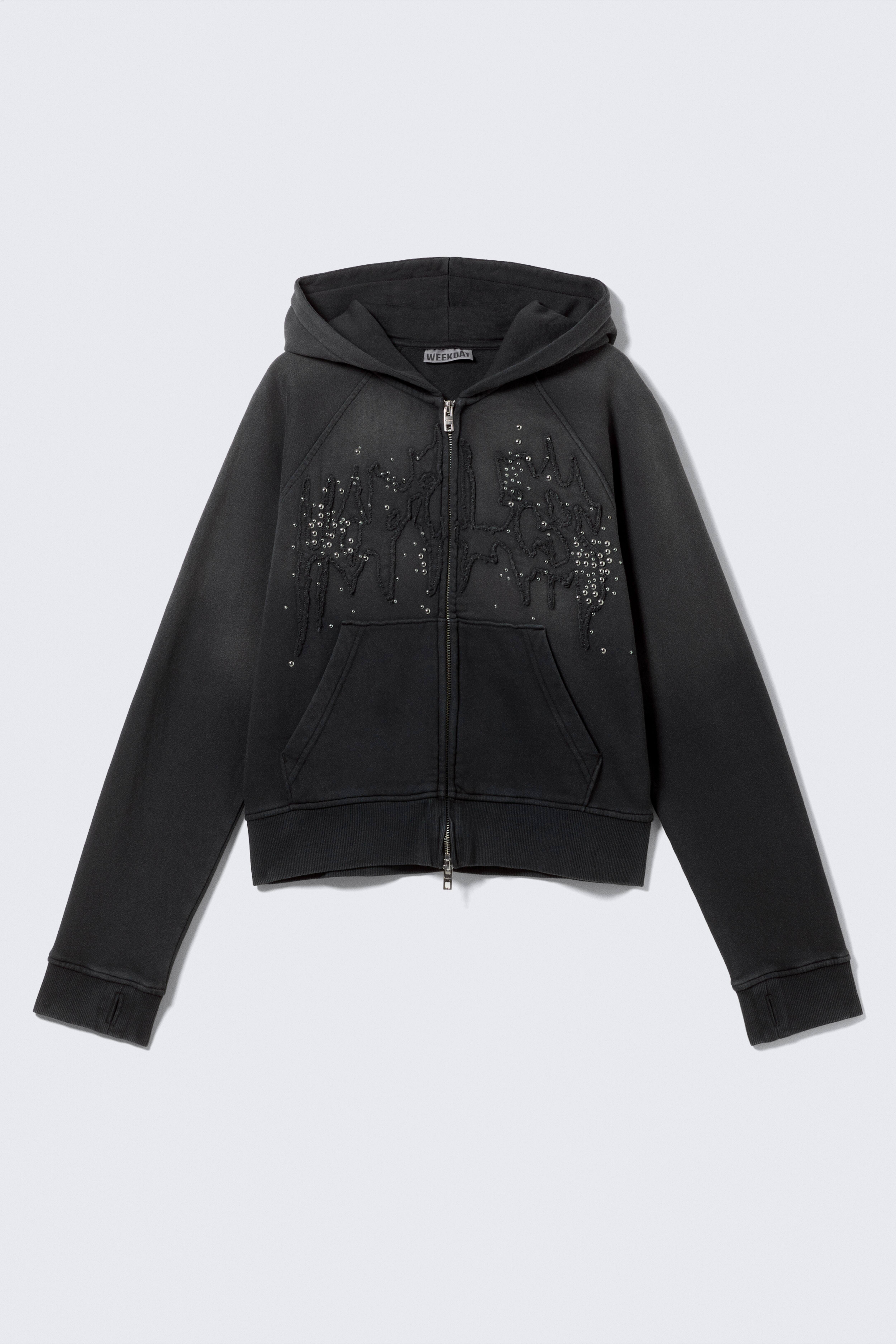 Slim Studded Graphic Zip Hoodie - Washed Studded Black