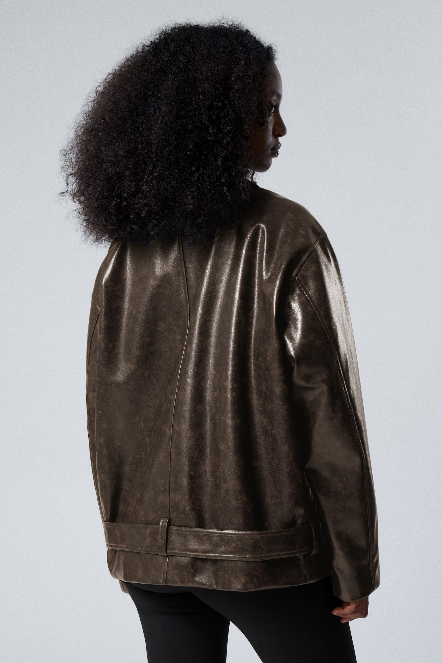 Oversized Faux Leather Biker Jacket - Dark Brown - 3