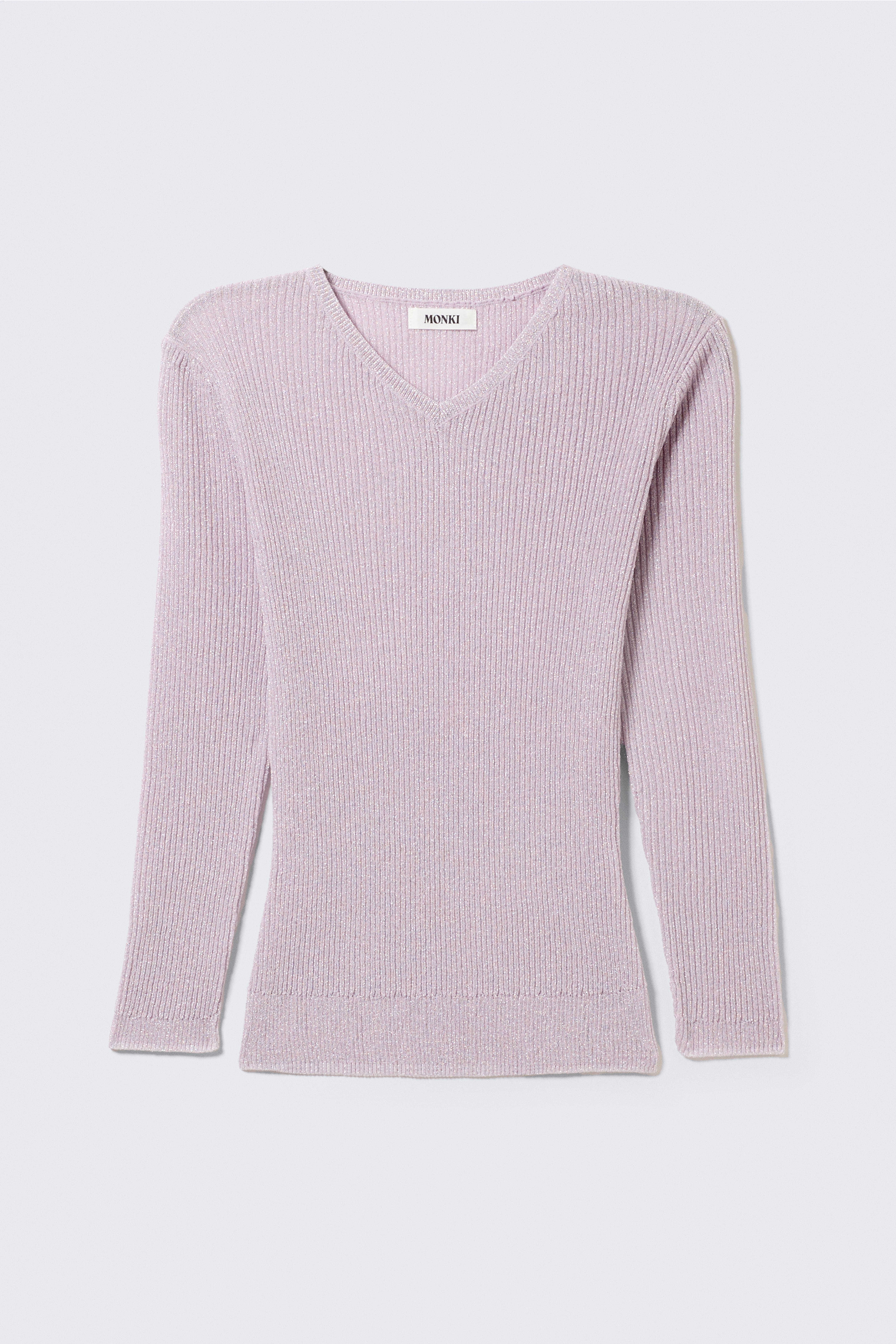 Schmal geschnittener Strickpulli mit V-Ausschnitt - Hellrosa/Grau gestreift
