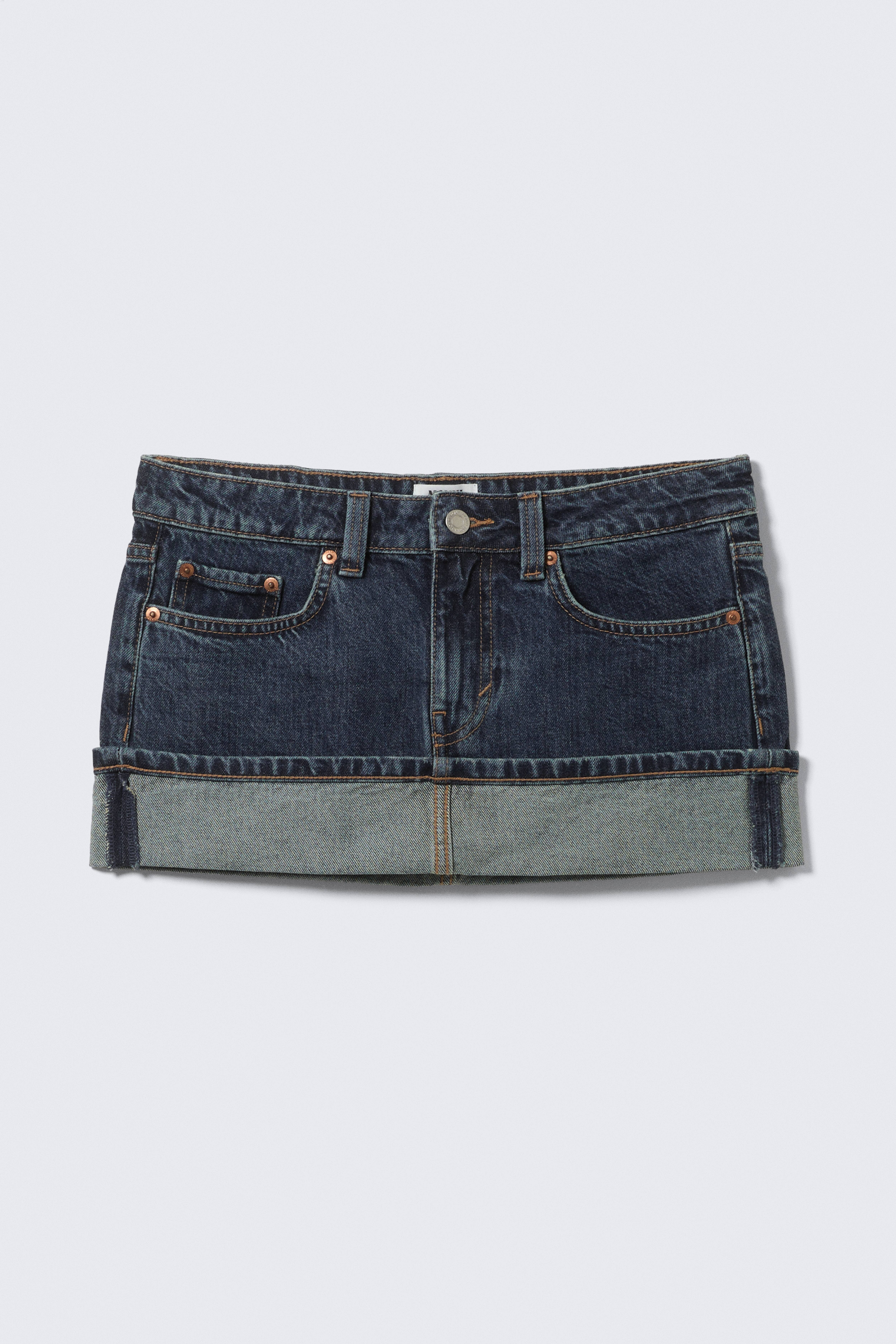 Schmaler Denim-Minirock mit niedrigem Bund - Blue Anthem - Mittelblau