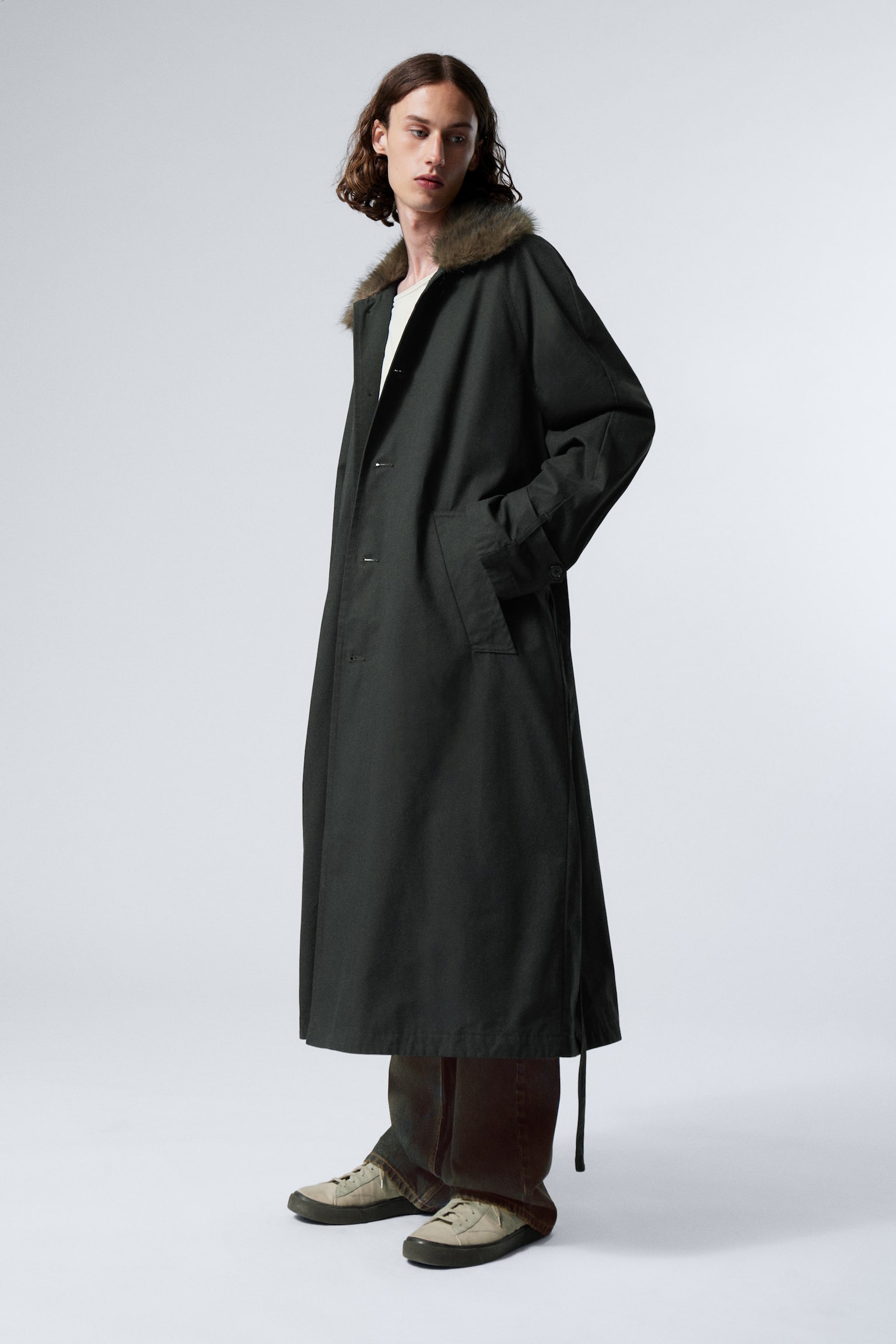 Oversized Faux Fur Collar Trench Coat - Dark Grey - 1