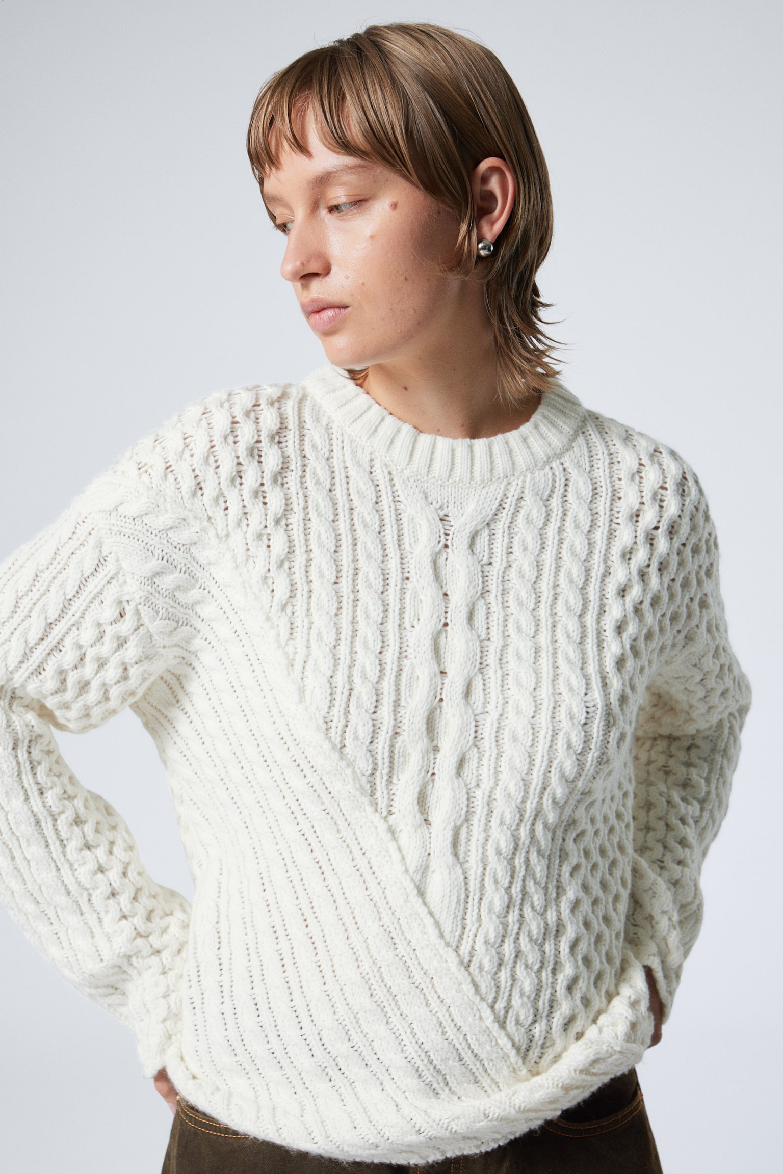 Loose Cable-Knit Sweater - White