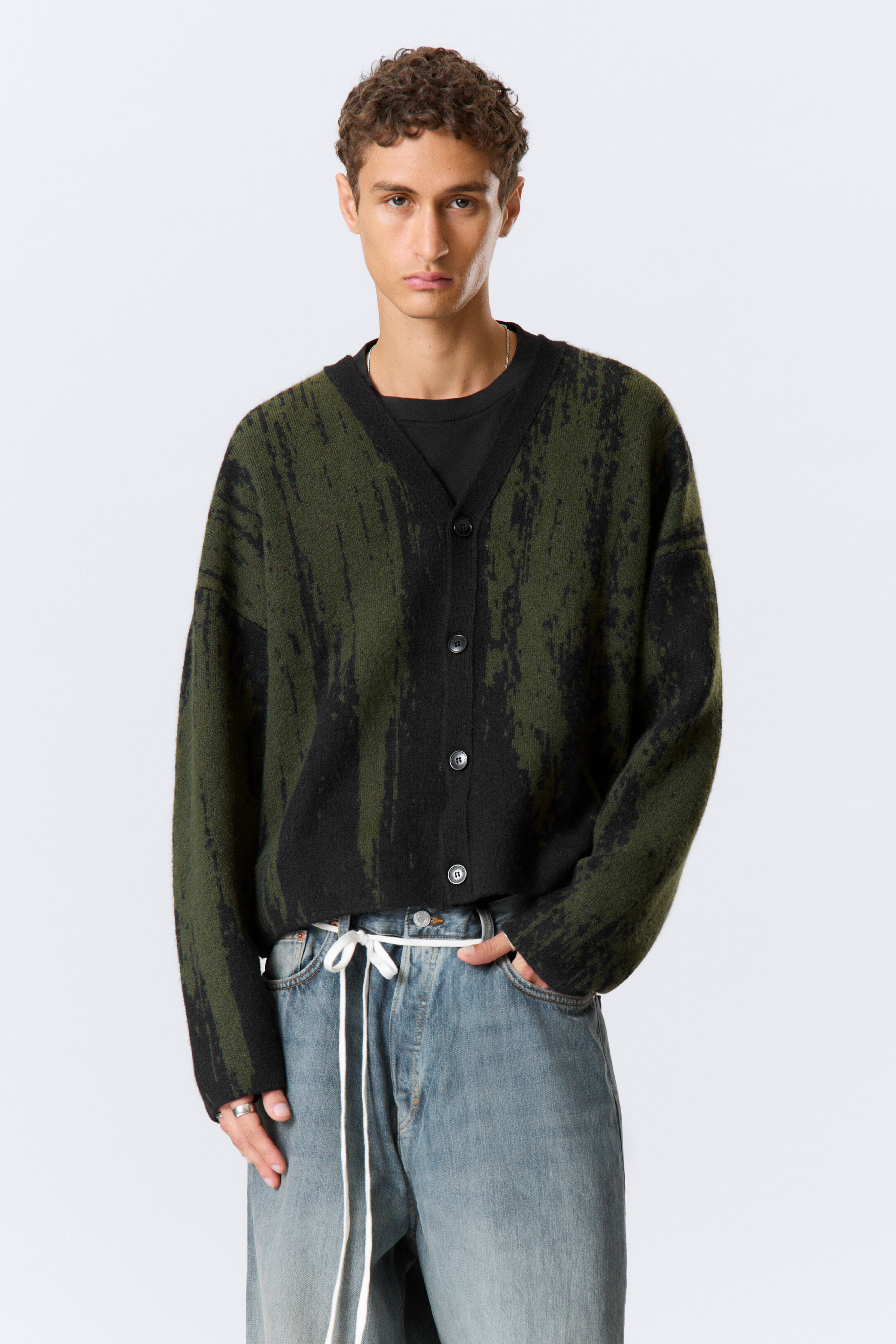 Boxy Knitted Graphic Cardigan - Black/Dark Khaki Green/Black - Red Flames