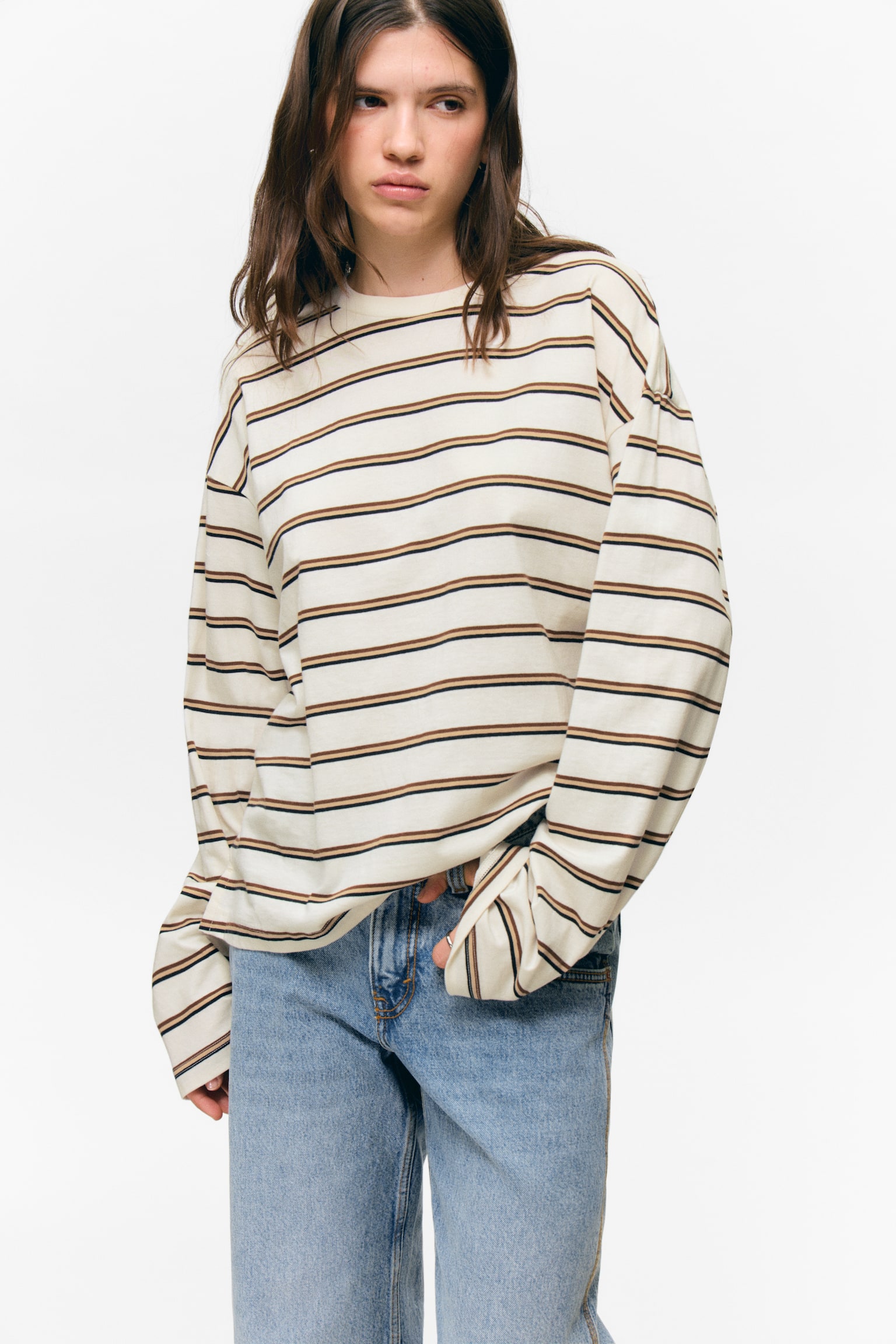 Langærmet bomulds-T-shirt - Støvet hvid - Brune striber/Blå multistriber/Marineblå/Pink Stribe/Koral/lilla striber - 5