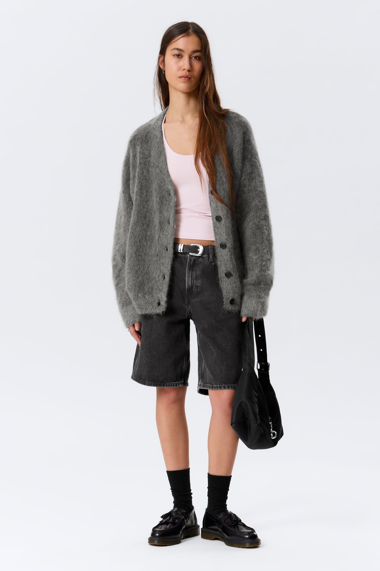 Cardigan a V in misto mohair - Grigio scuro/Marrone scuro mélange - 1