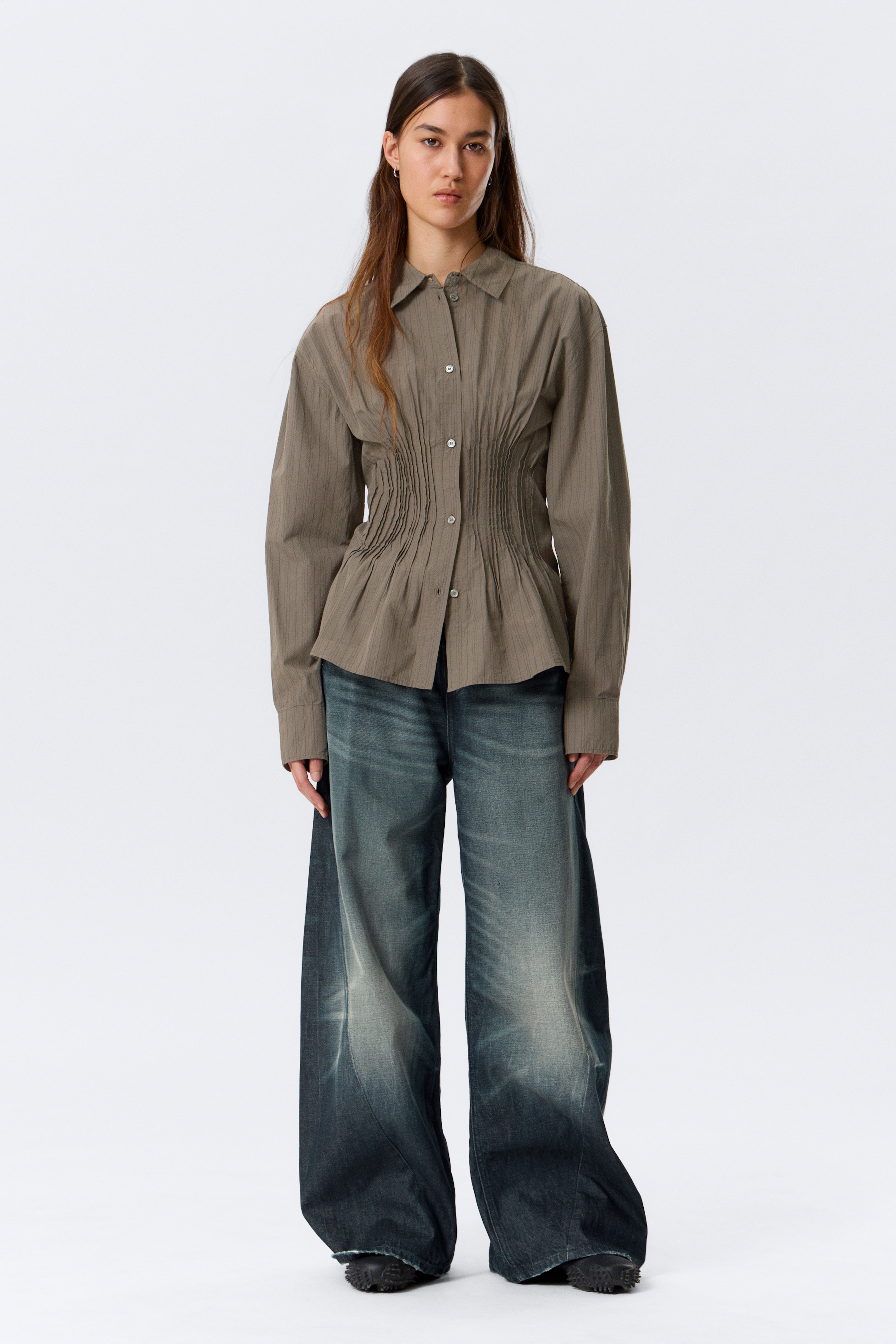 Camicia di popeline con coulisse - Marrone a righe/Bianco