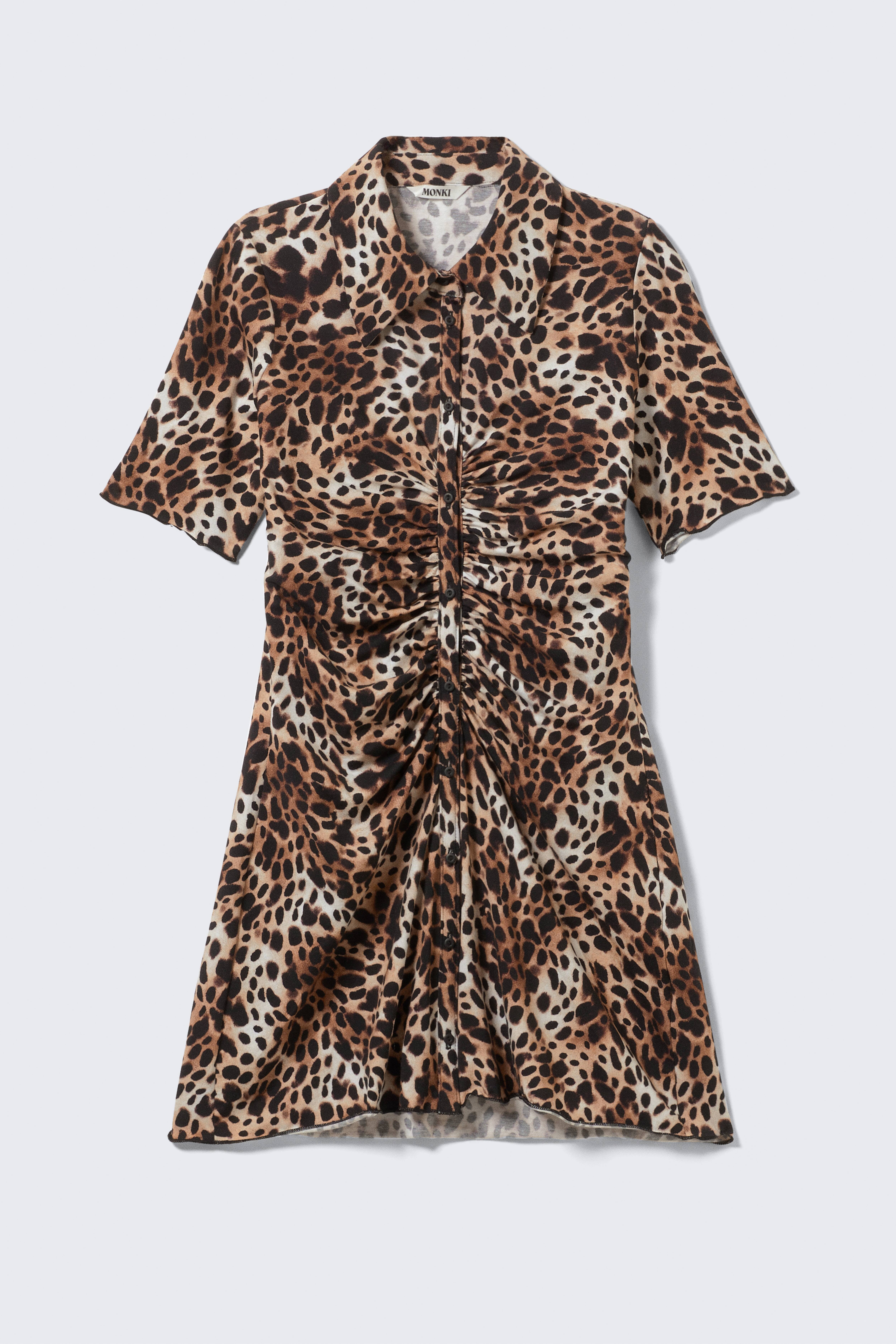 Short-Sleeved Mini Shirt Dress - Leopard-print