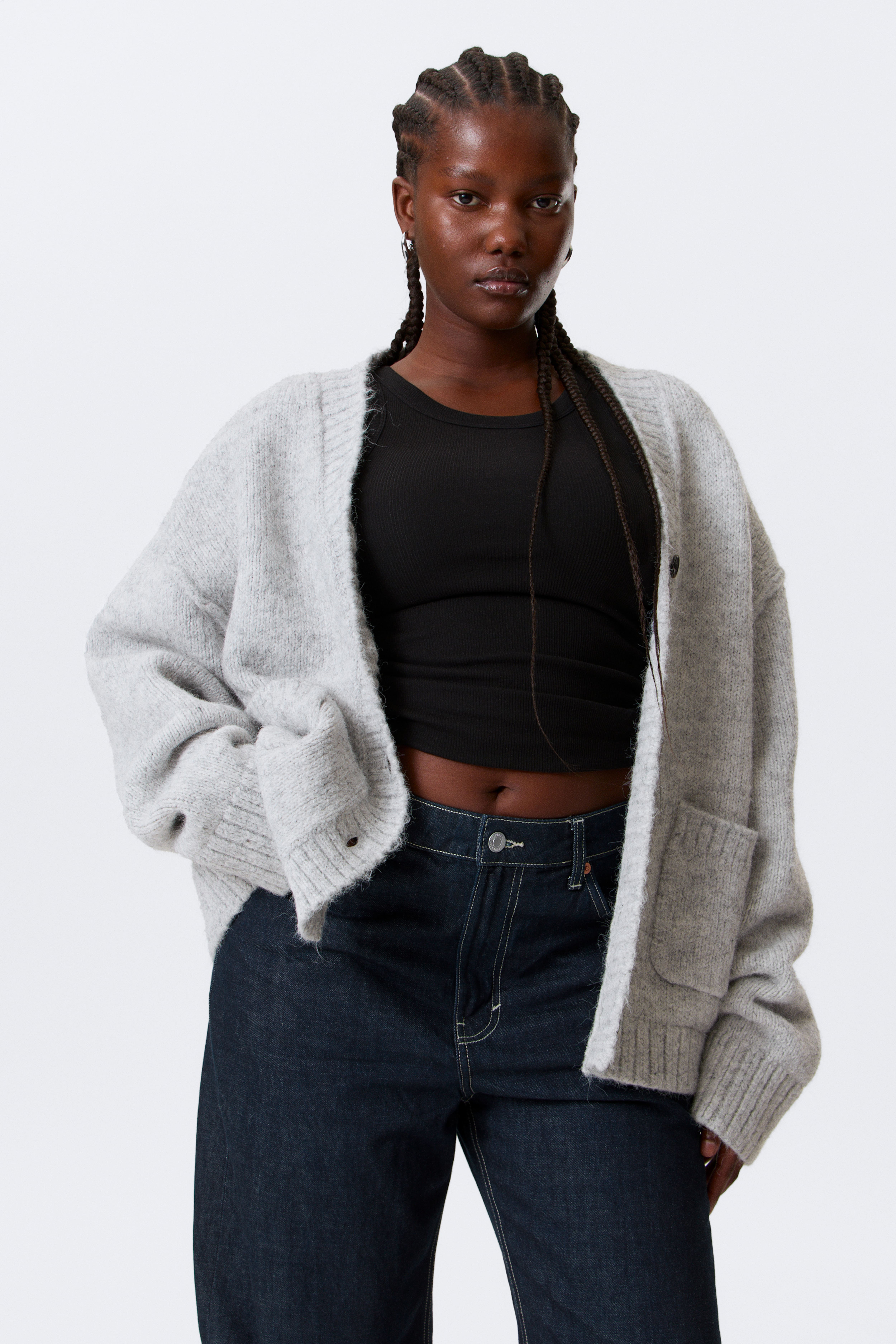 Χαλαρή Πλεκτή Ζακέτα με V-Λαιμόκοψη - Γκρι Μελανζέ