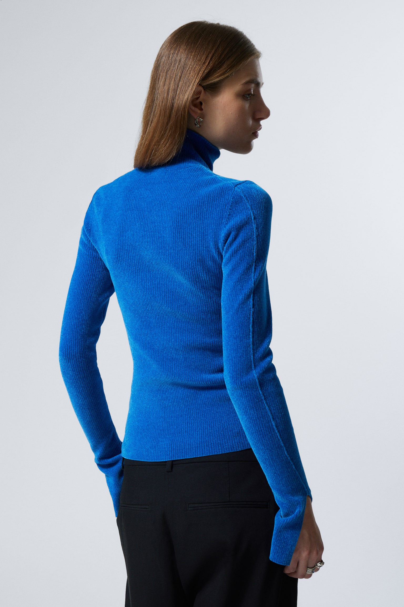 Rib-Knit Chenille Turtleneck Sweater - Bright Blue/Black - 3