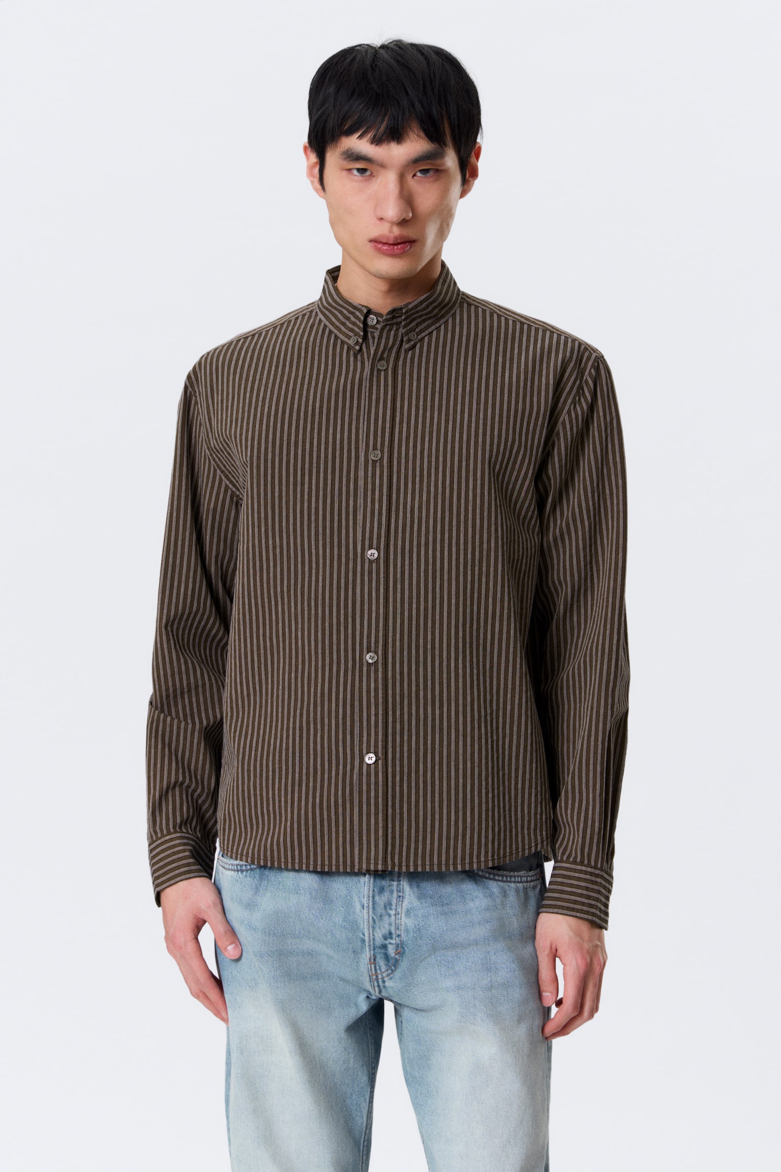 Cămașă relaxată cu dungi și nasturi - Striped Brown/Bej cu dungi - 1