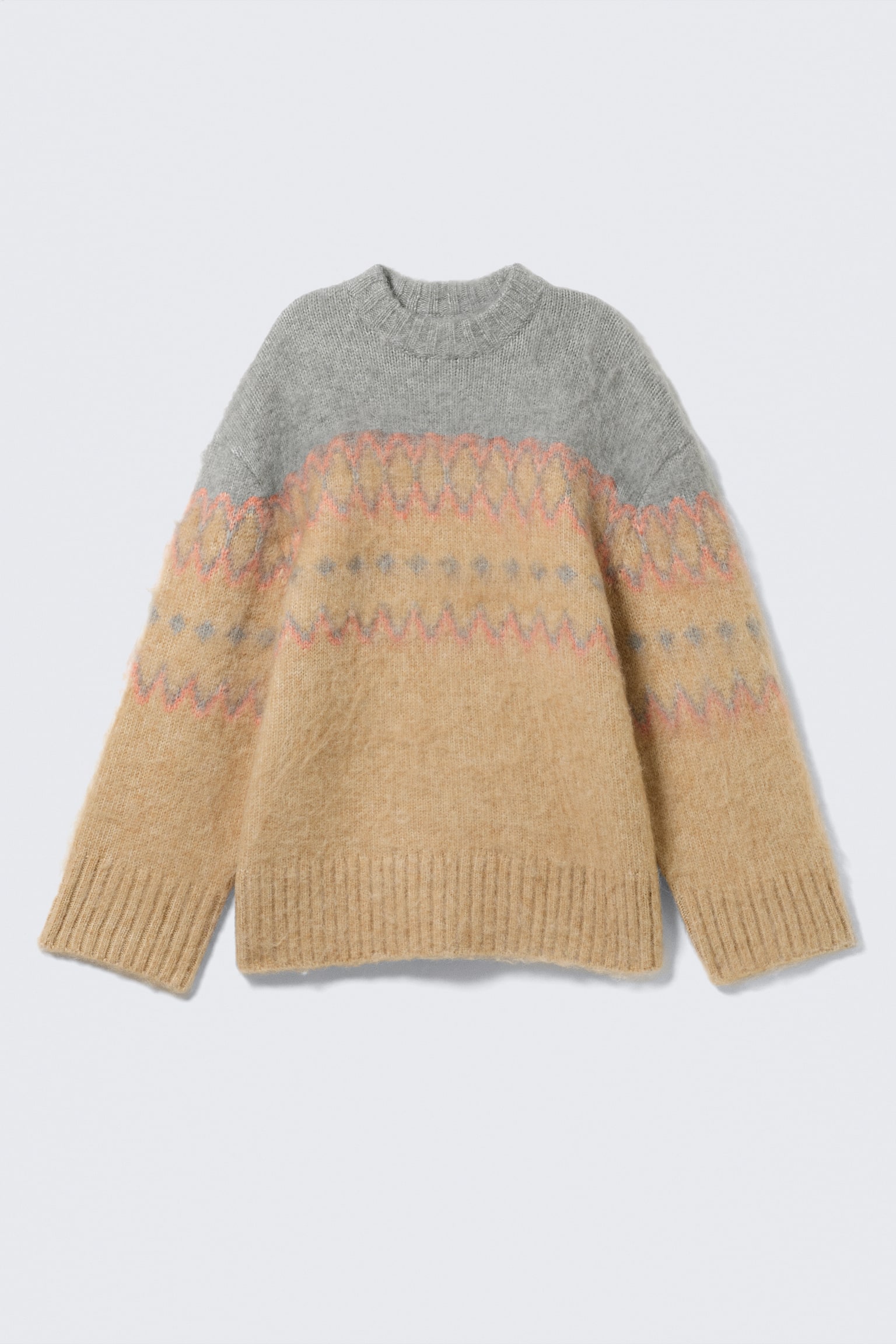 Flauschiger Strickpullover mit lockerer Passform - Beige/Grau/Staubgelb & Braun gestreift/Blau gestreift/Dunkelbraun/Fairisle in Weiß/Dunkelbeige - 2