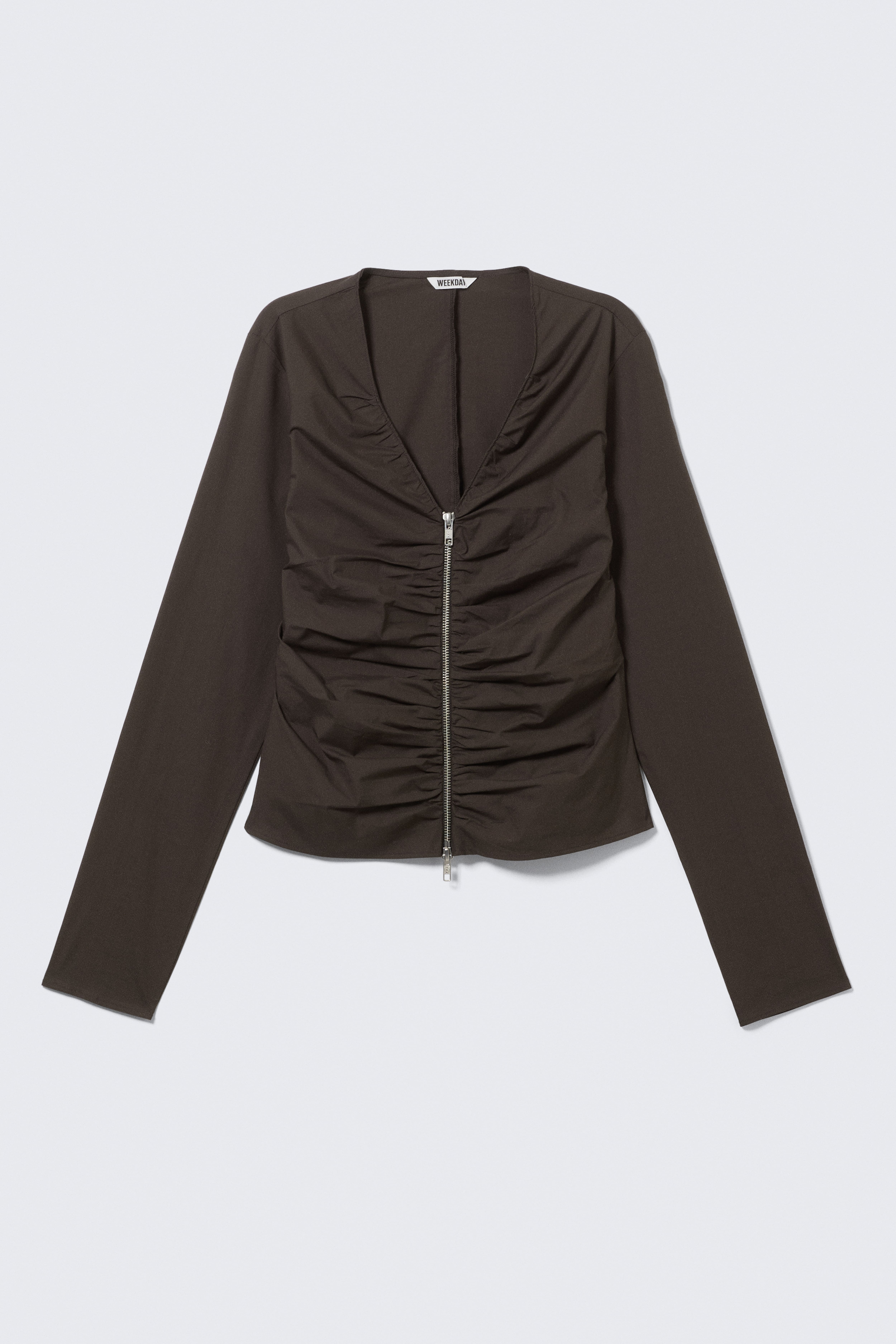 Gerafftes Zip-Top mit V-Ausschnitt - Dunkelbraun/Weiß