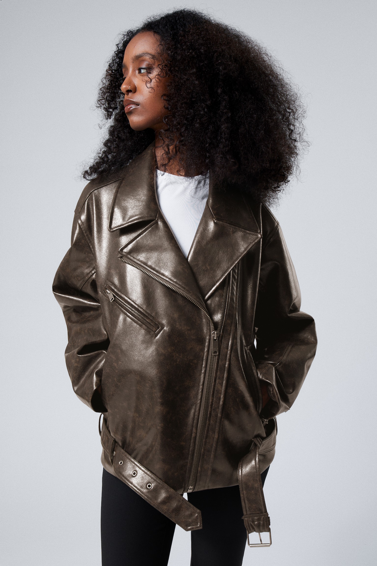 Oversized Faux Leather Biker Jacket - Dark Brown - 6