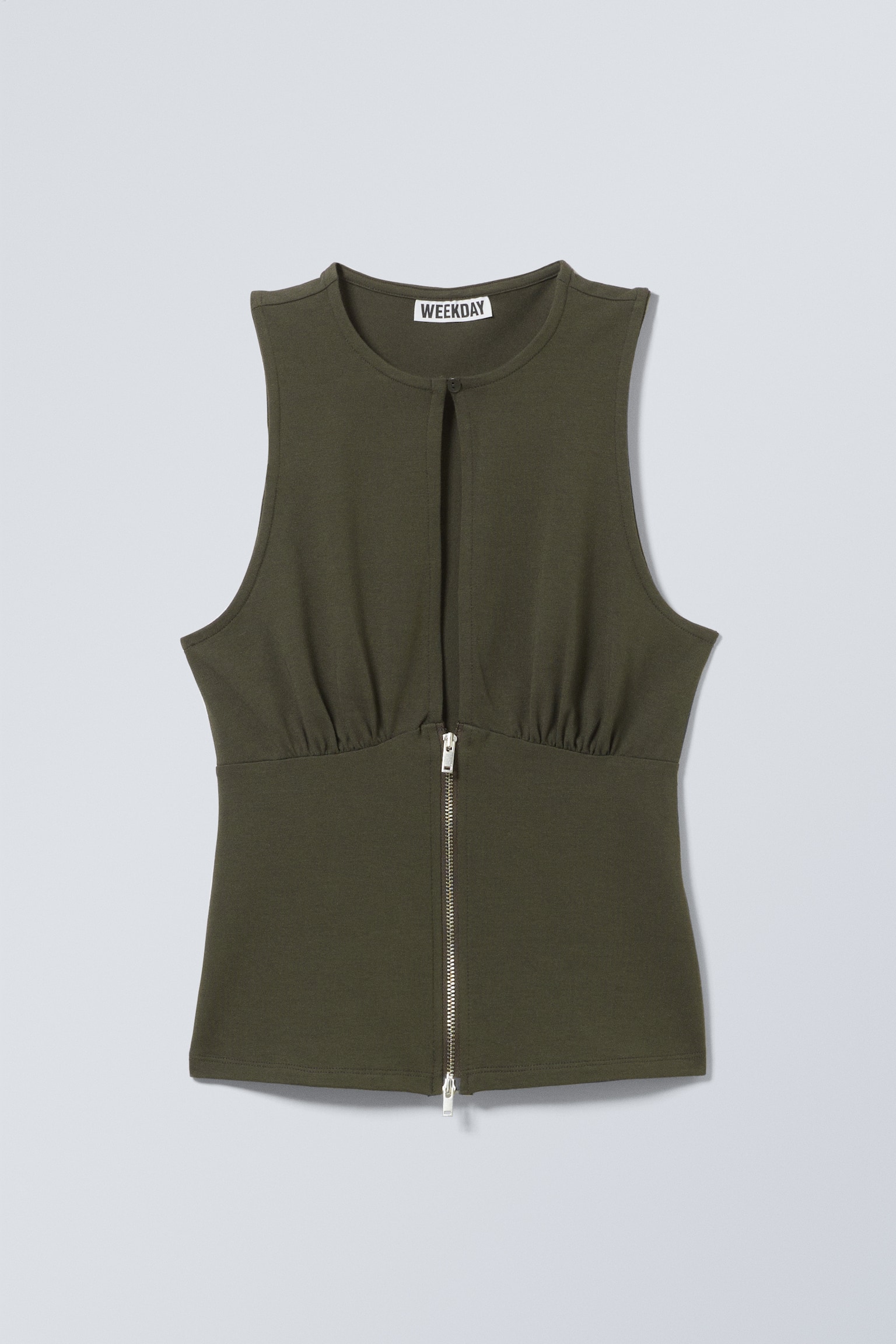 Slim Sleeveless Zip Top - Khaki Green/Black - 2