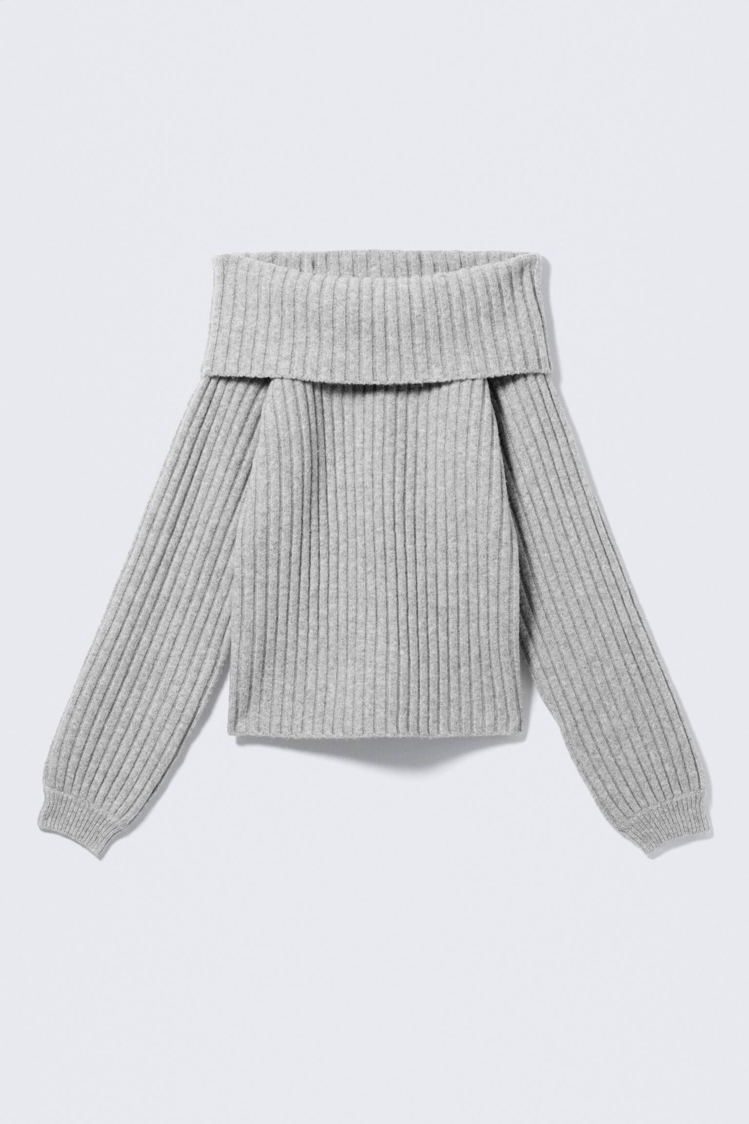 Off-Shoulder Ribbed Knitted Sweater - Grey Melange/Light Beige - 2