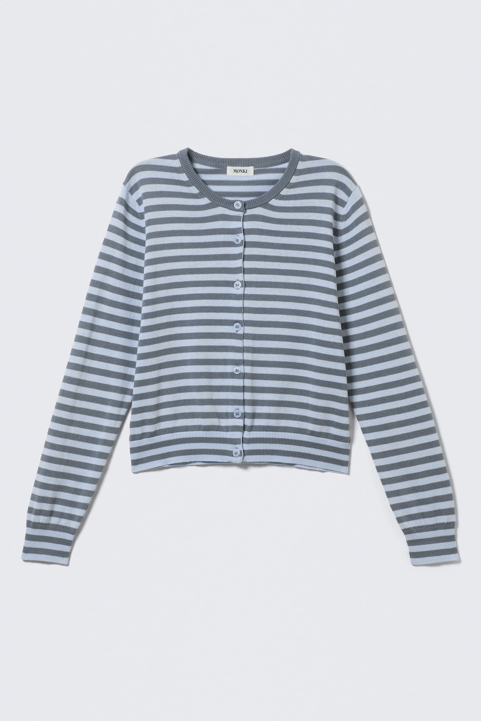 Fein gestrickter Baumwollcardigan - Blau gestreift/Braun mit Streifen