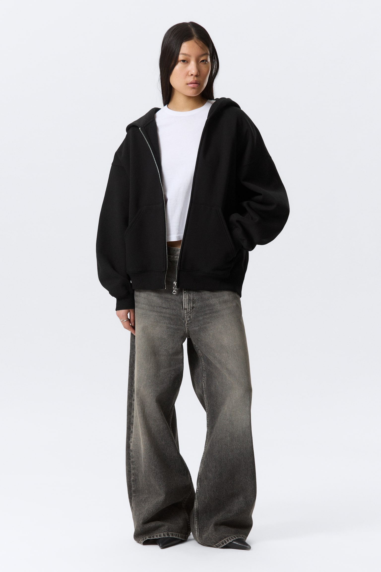 Felpa oversize pesante con cappuccio e cerniera - Nero/Grigio mélange - 5