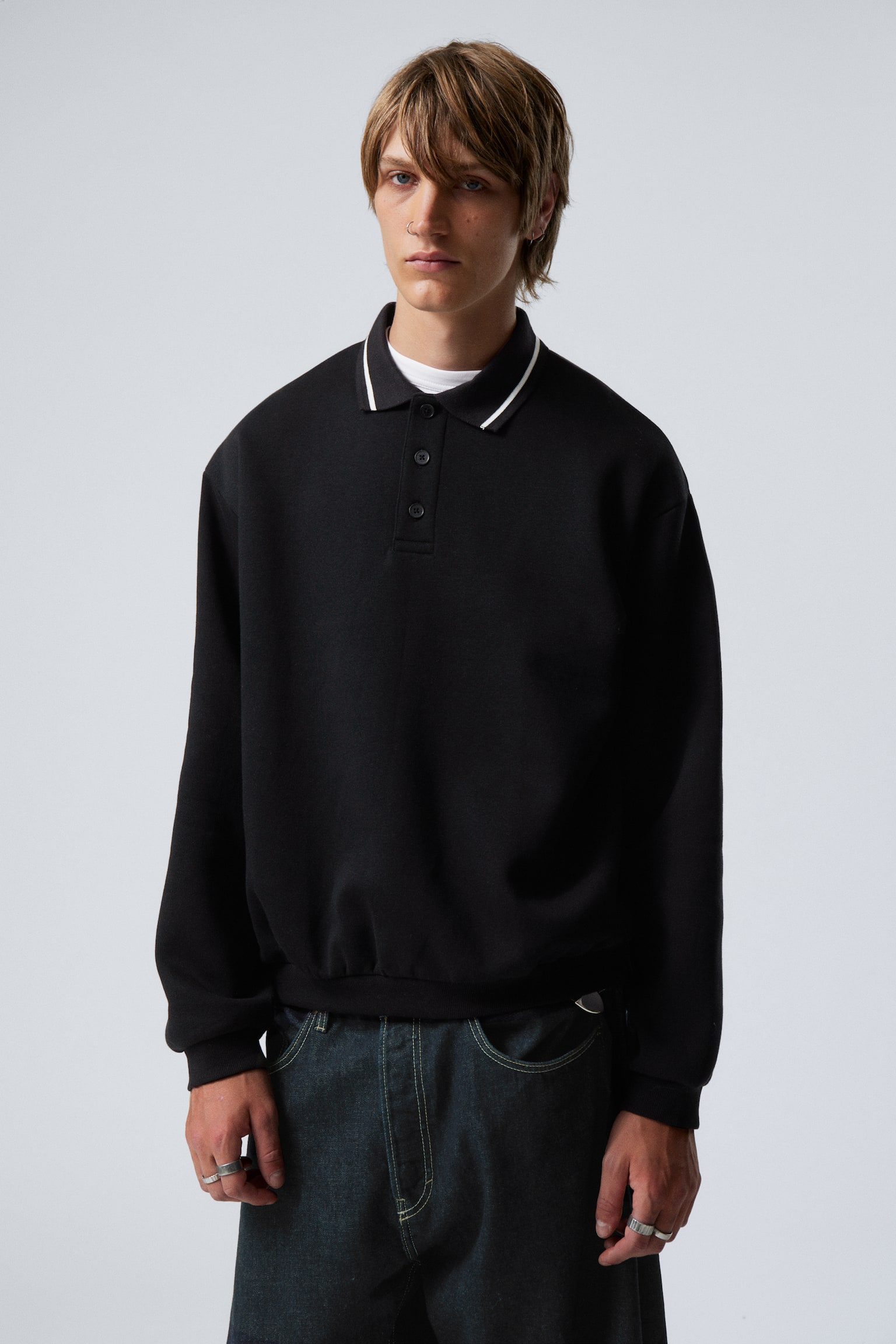 Loose Polo Sweatshirt - Black - 1