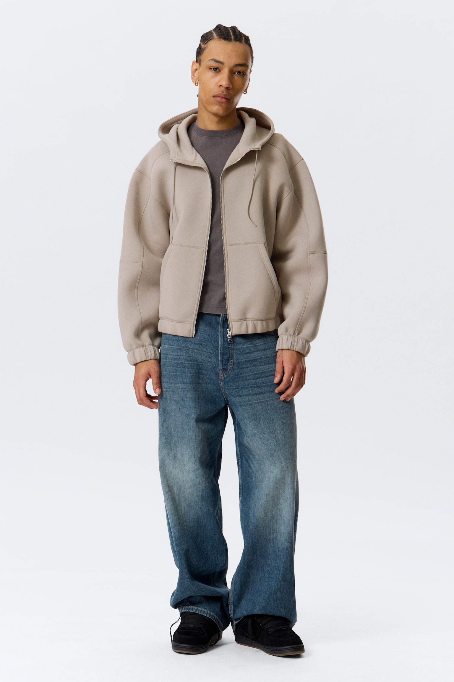 Loose High-Neck Scuba Zip Hoodie - Ljus dimmig mullvad/Svart - 5