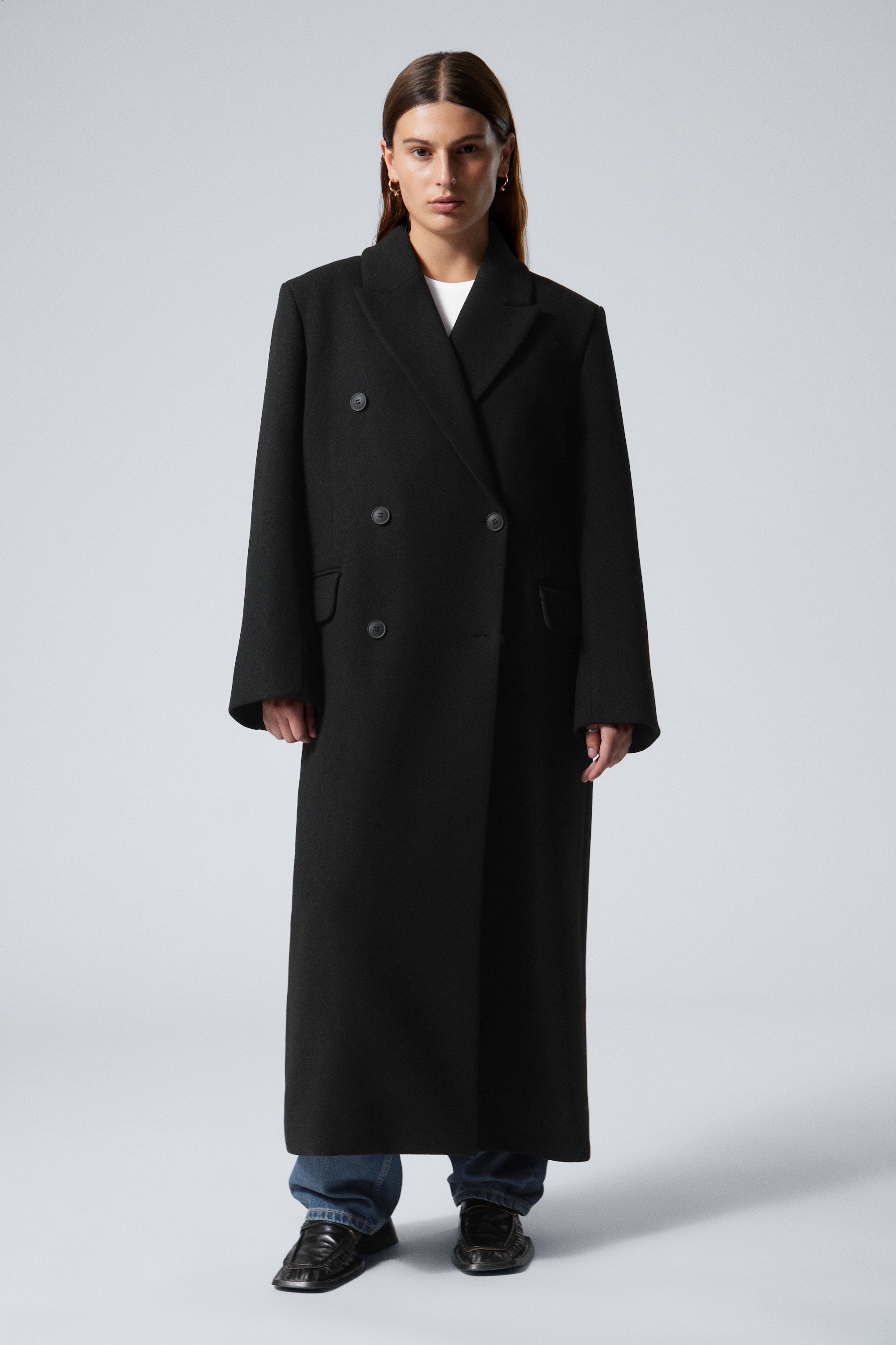 Oversized Double Breasted Wool Blend Coat Black Ladies H M GB