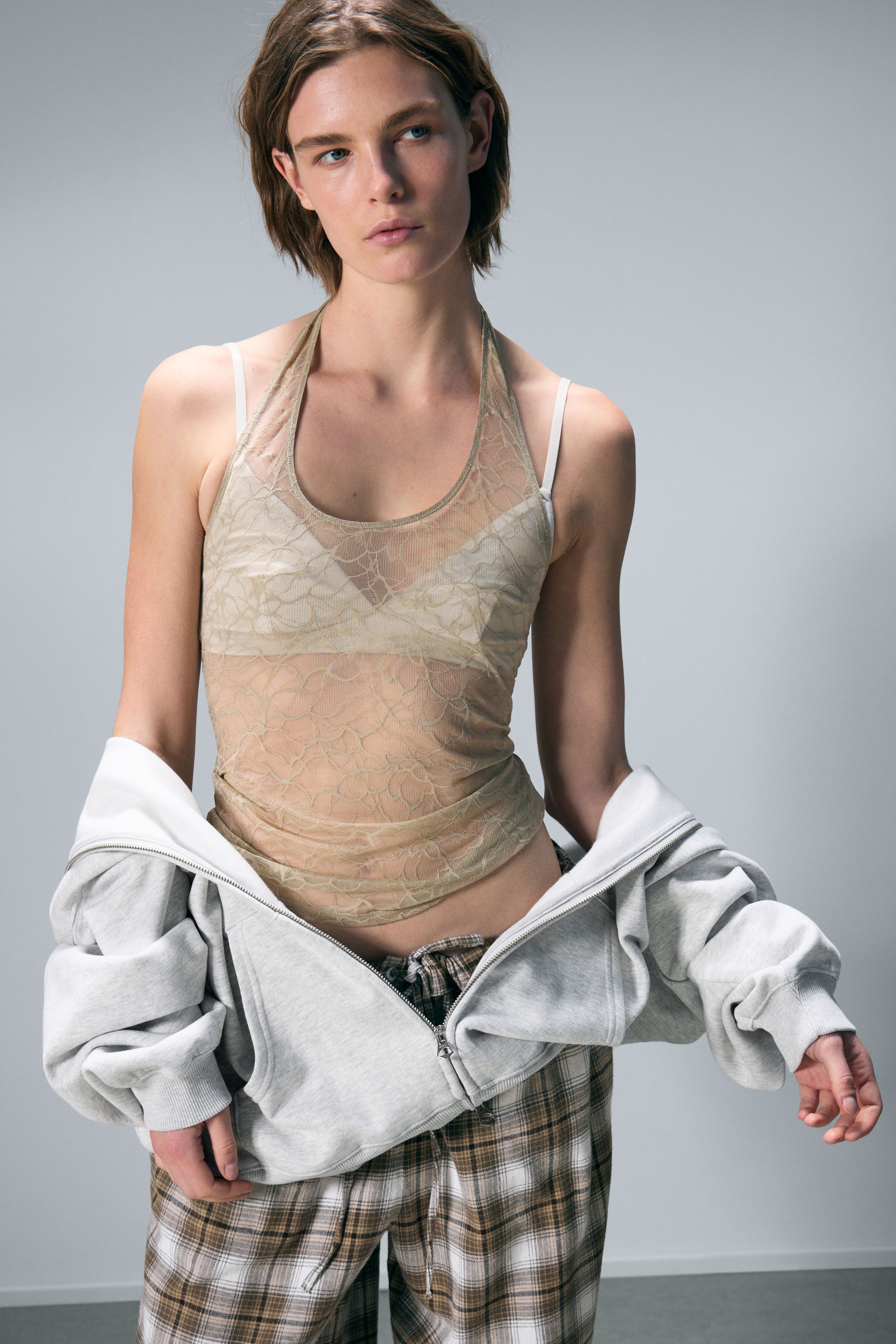 Top a crochet con spalline - Beige/Grigio scuro