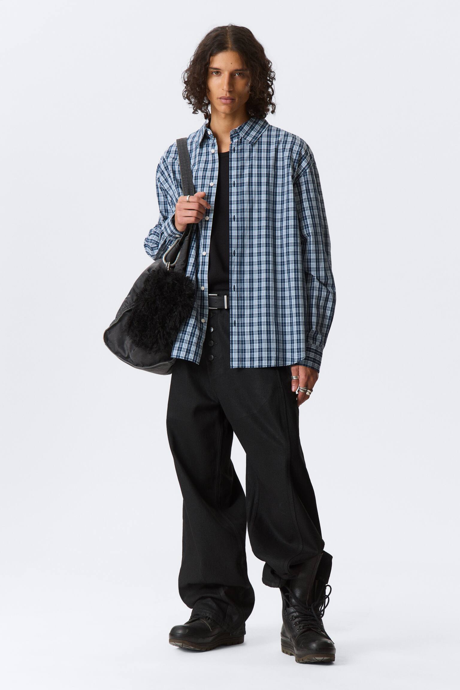 Oversized Rutig Skjorta - Rutig blå/Rutig Beige - 5