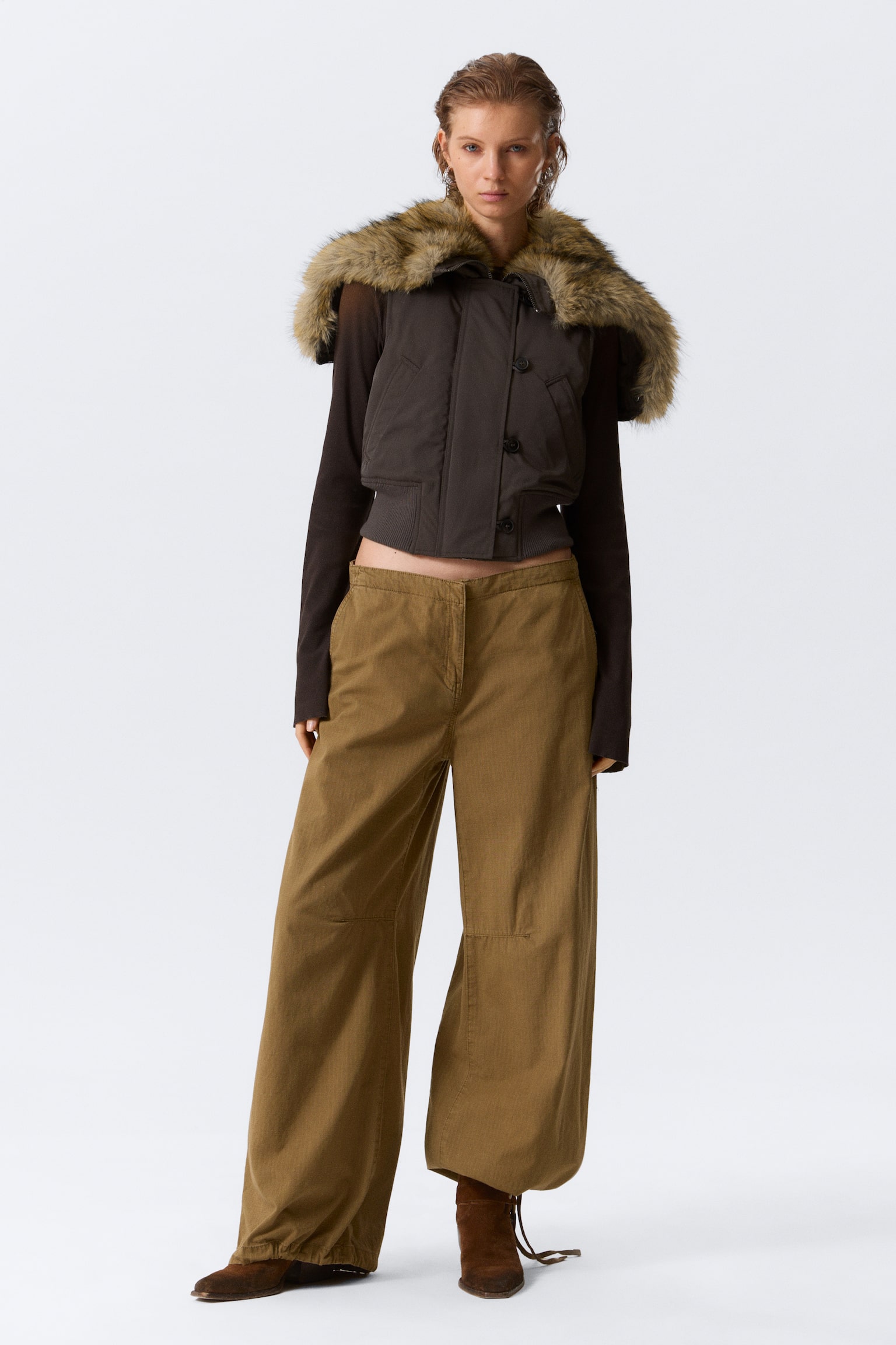 Pantaloni largi cu talie joasă din ripstop - Kaki Închis/Gri închis/Bej - 2