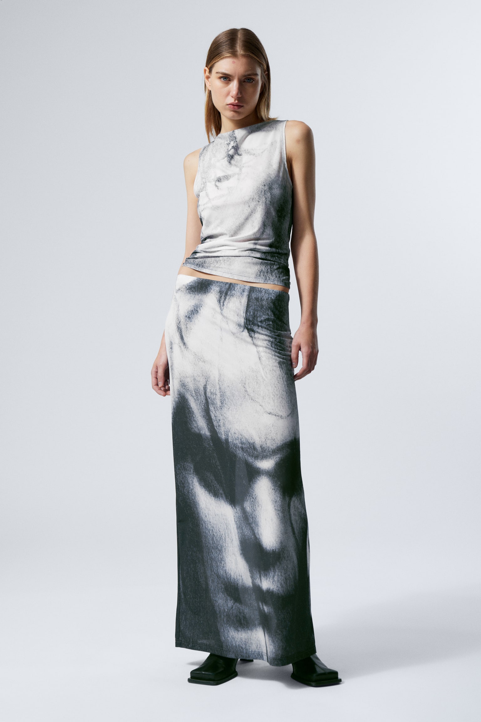 Printed Maxi Skirt - Black & White - Face Print