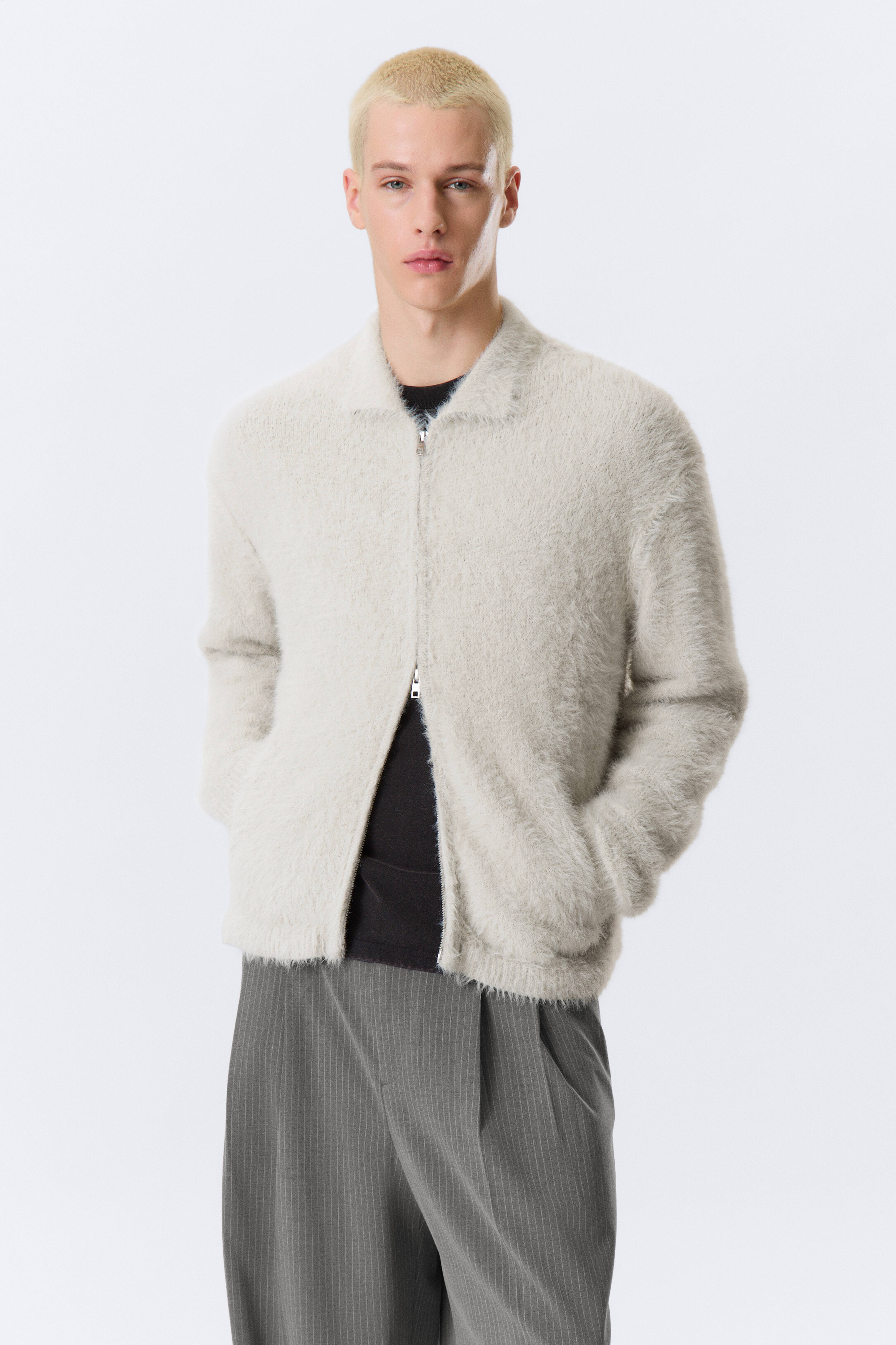 Hairy Knitted Zip Cardigan - Dirty White/Black