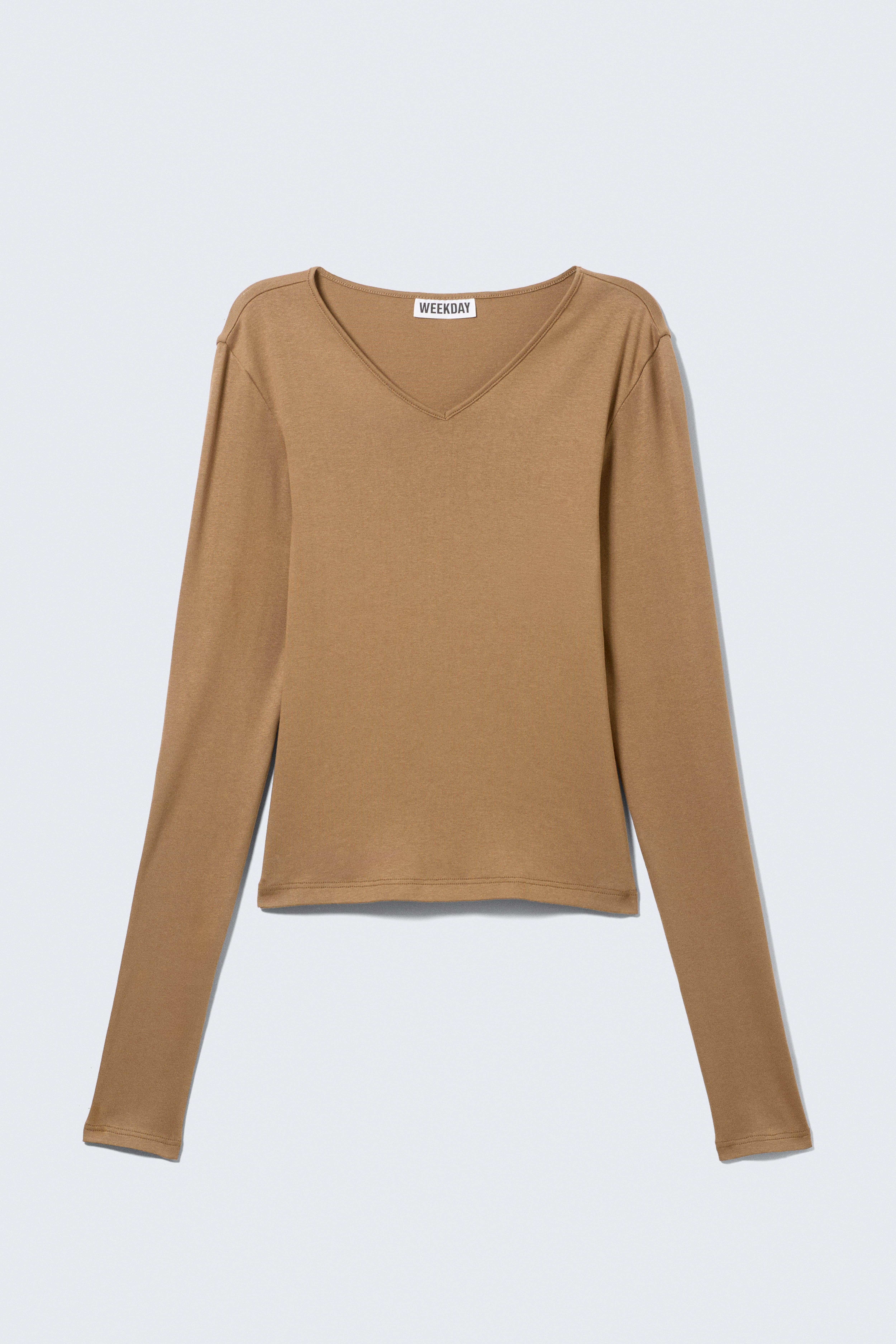 Nauwsluitende top met V-hals en lange mouwen - Donkerbeige/Gebroken wit