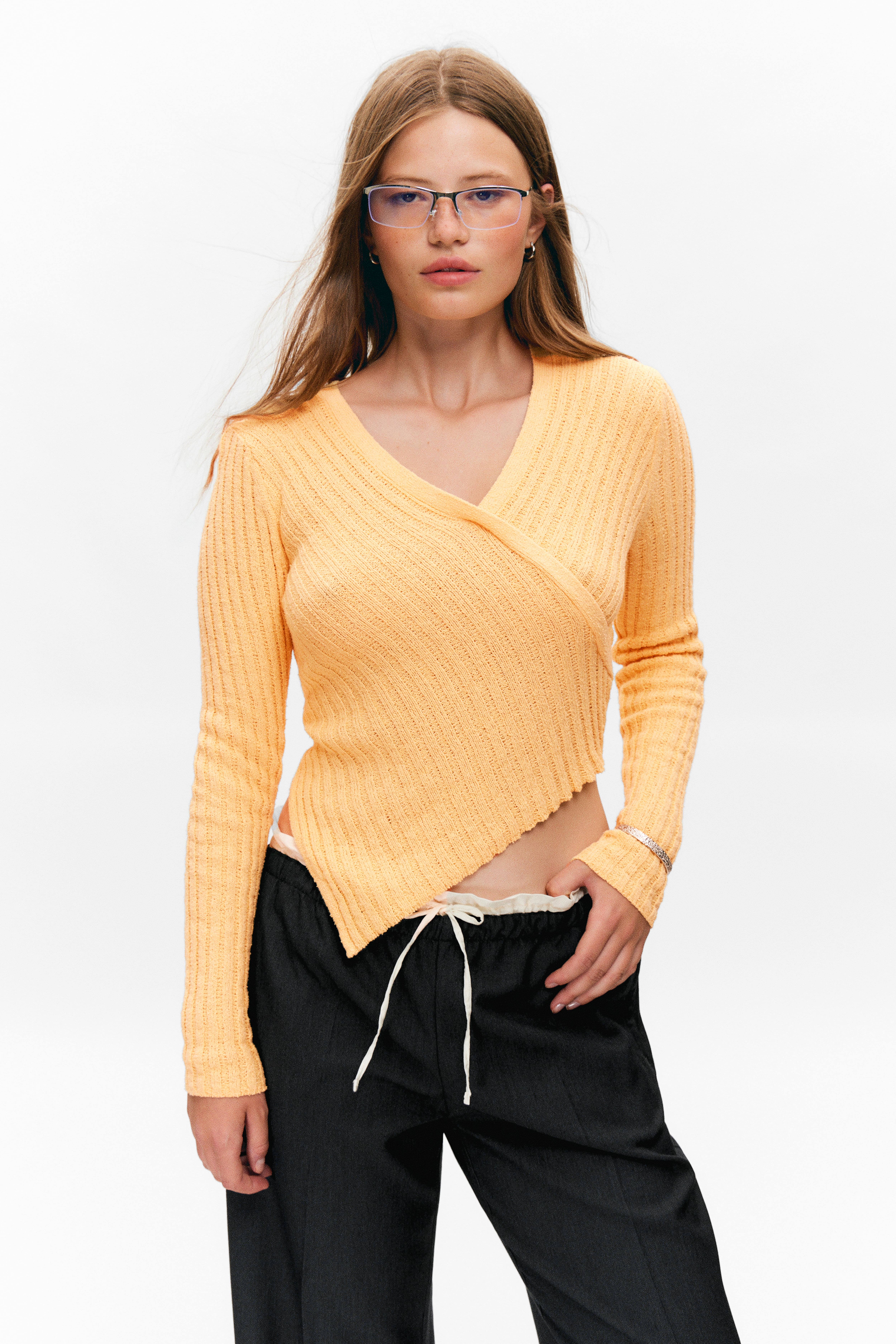 Knitted Wrap-shaped Asymmetric V-neck Sweater - Yellow/Dark Khaki Green/Light Dusty Beige