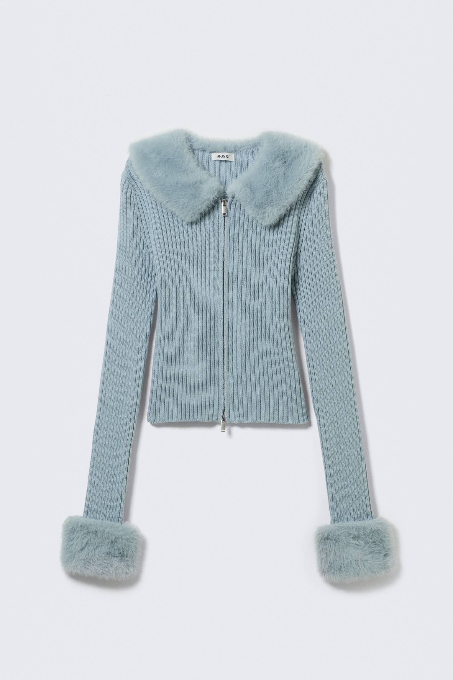 Slim vest met rits en rand van imitatiebont - Licht vaalblauw - 2