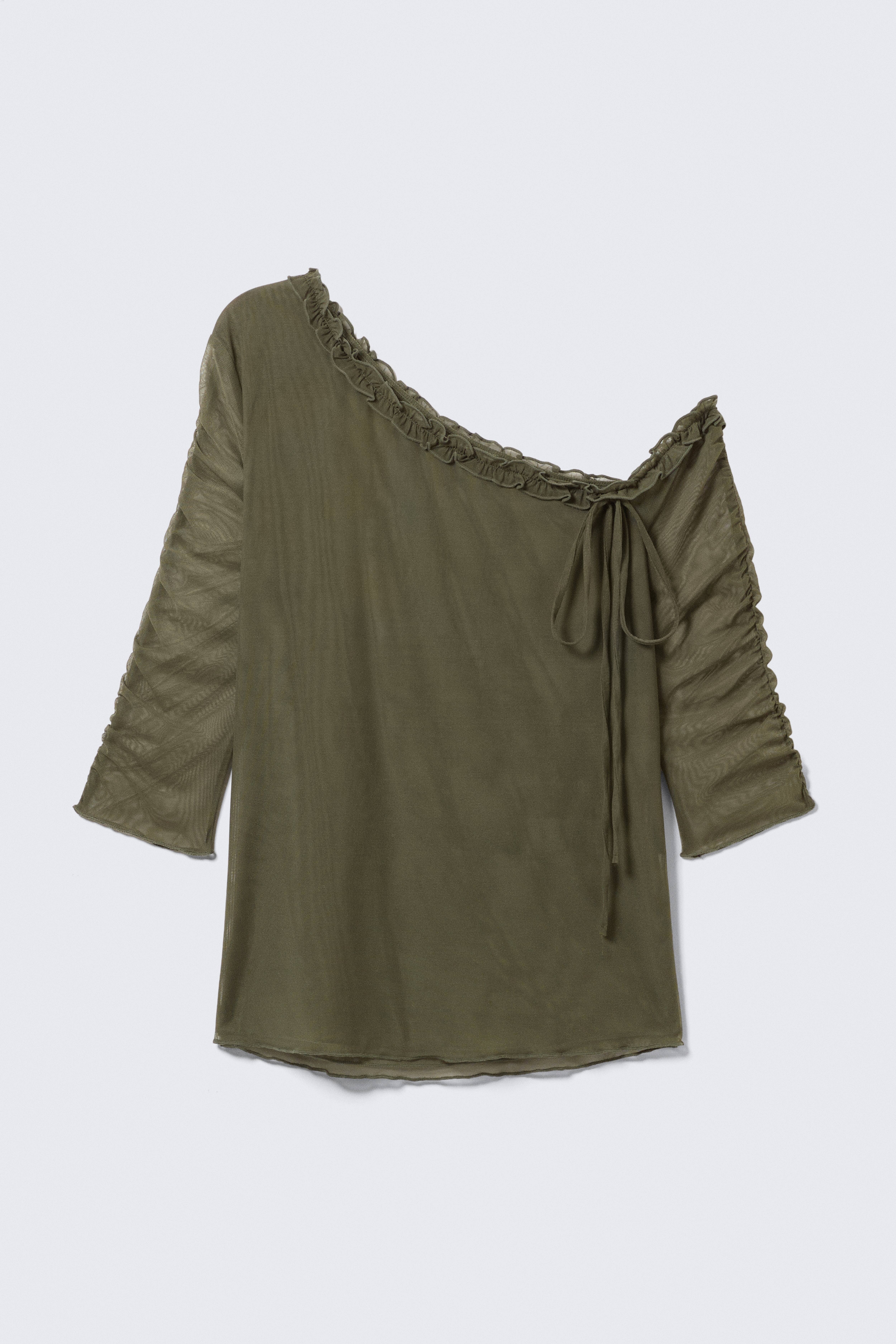 Asymmetrische off-shoulder top met driekwart mouwen - Kakigroen/Wit