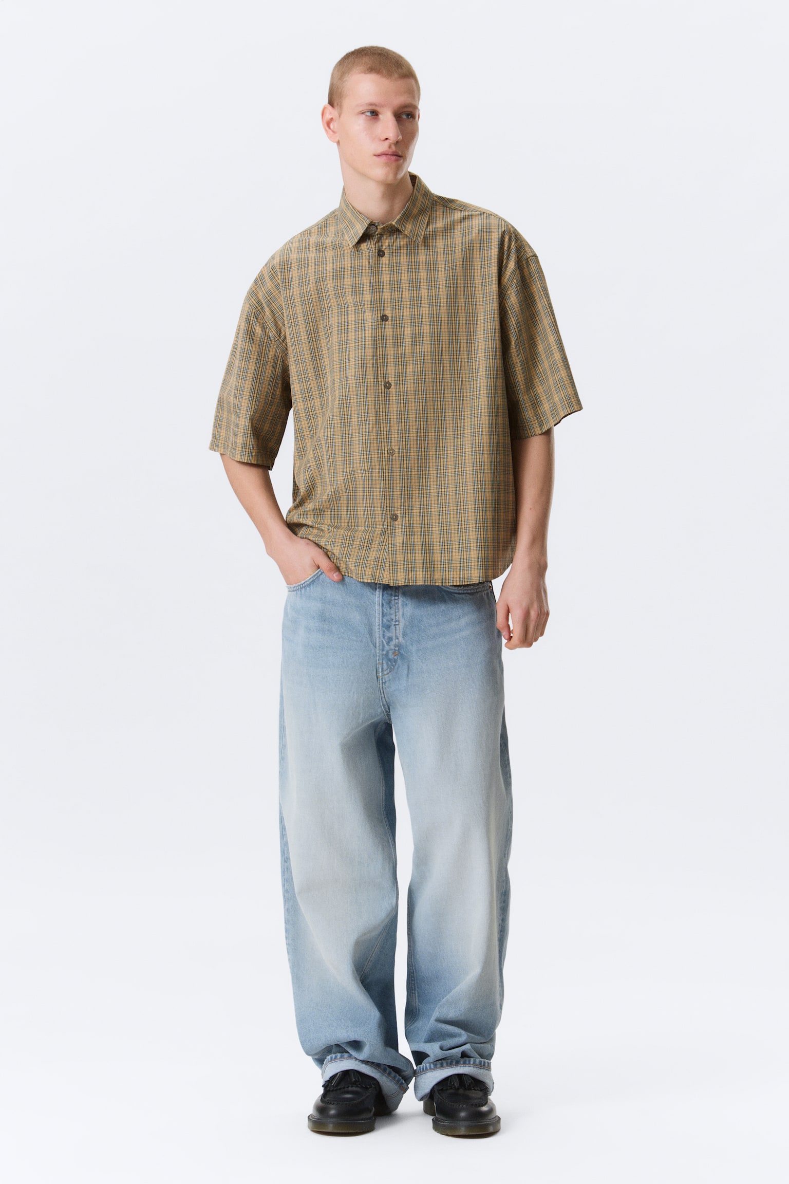 Boxy kortærmet skjorte - Checked Beige - 5
