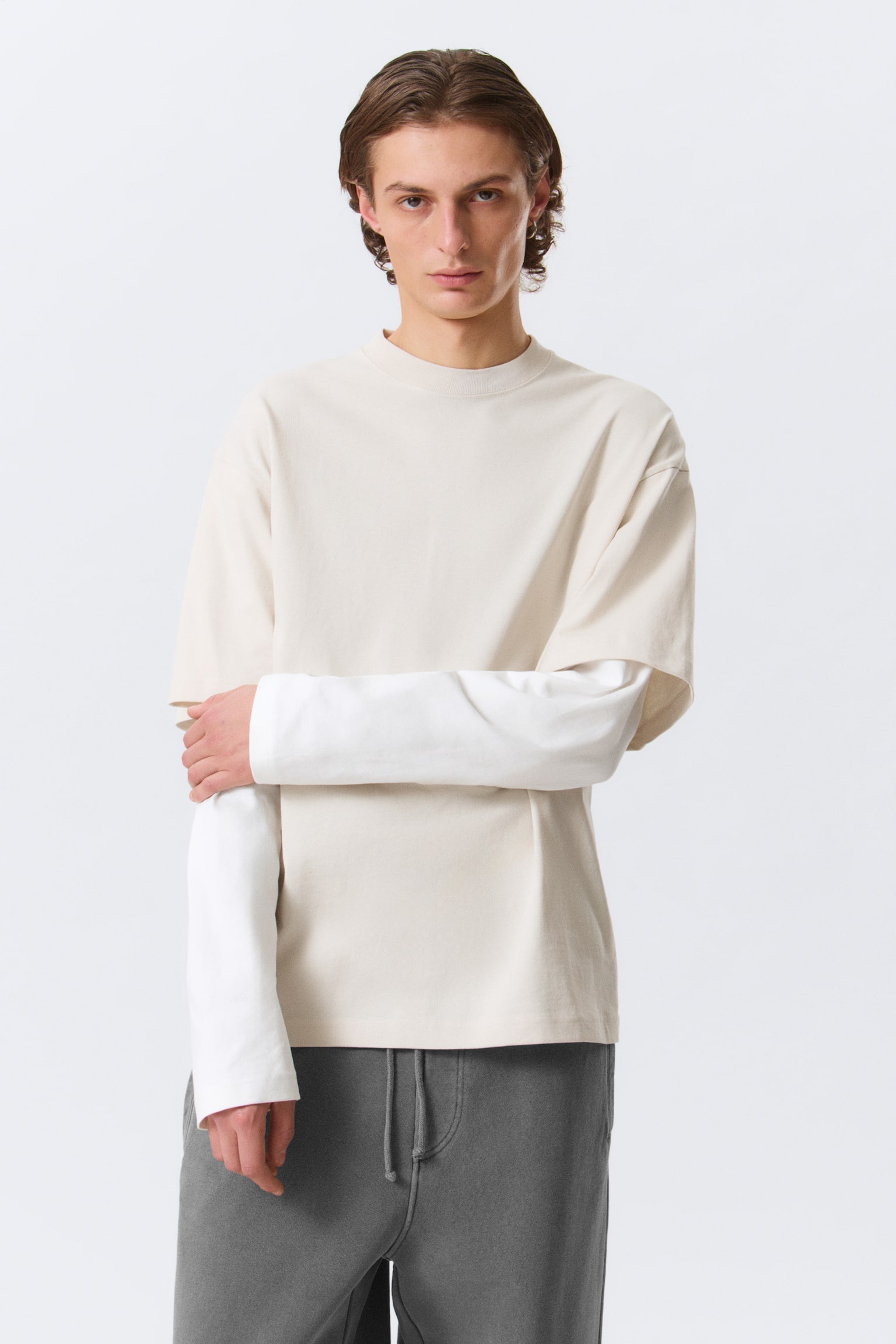 Тениска от двоен слой памук - Светло бежово и бяло/Черно и бяло - 5