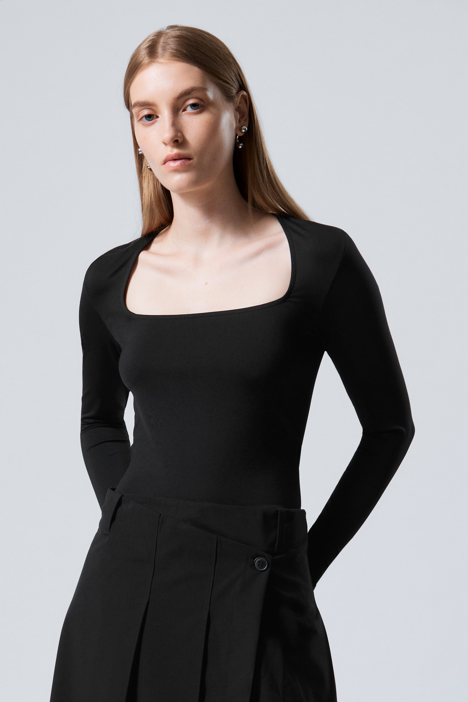 Square Neck Longsleeve Top - Black - 1