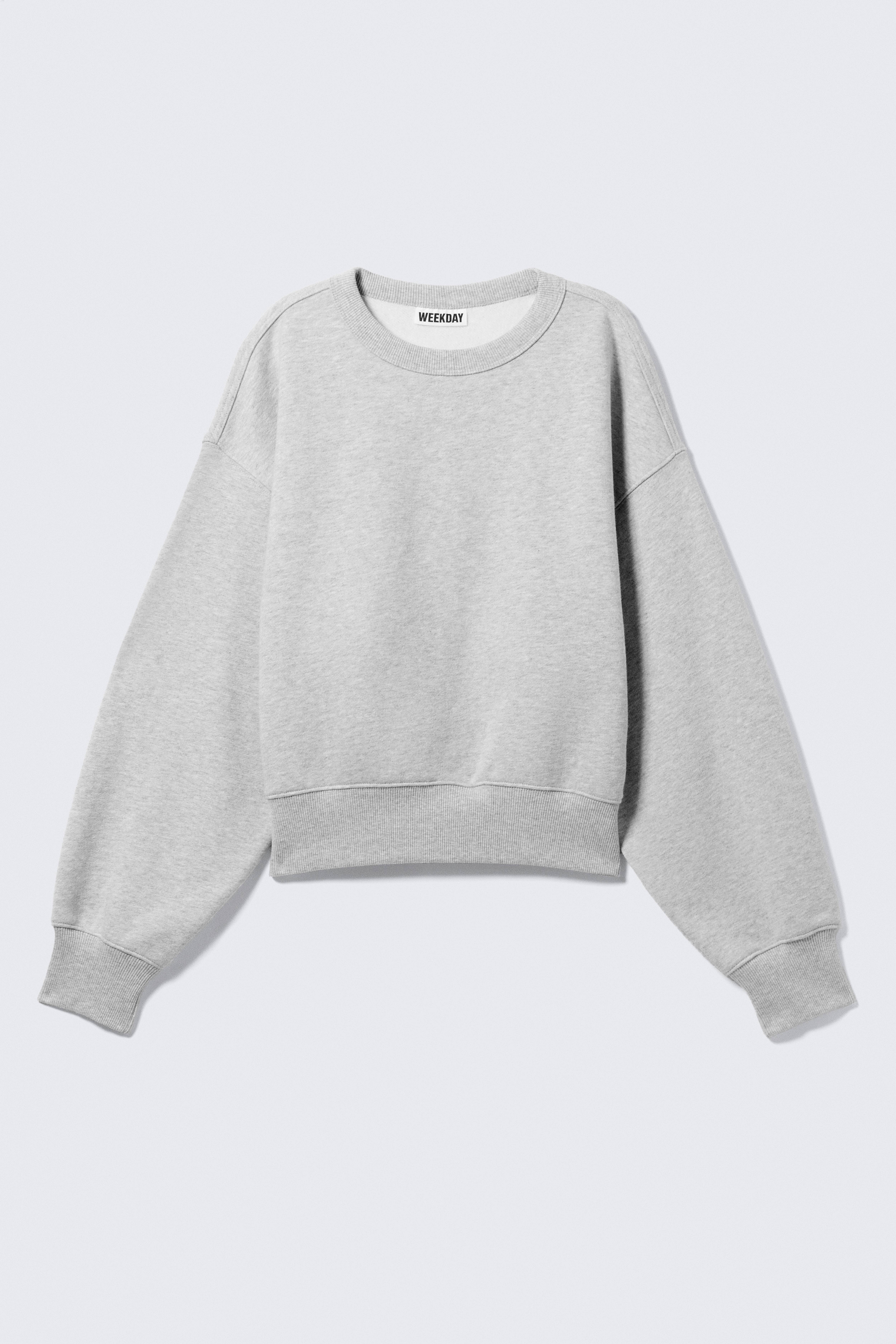 Boxy Cropped Cotton Sweatshirt - Grey Melange/Dark Blue