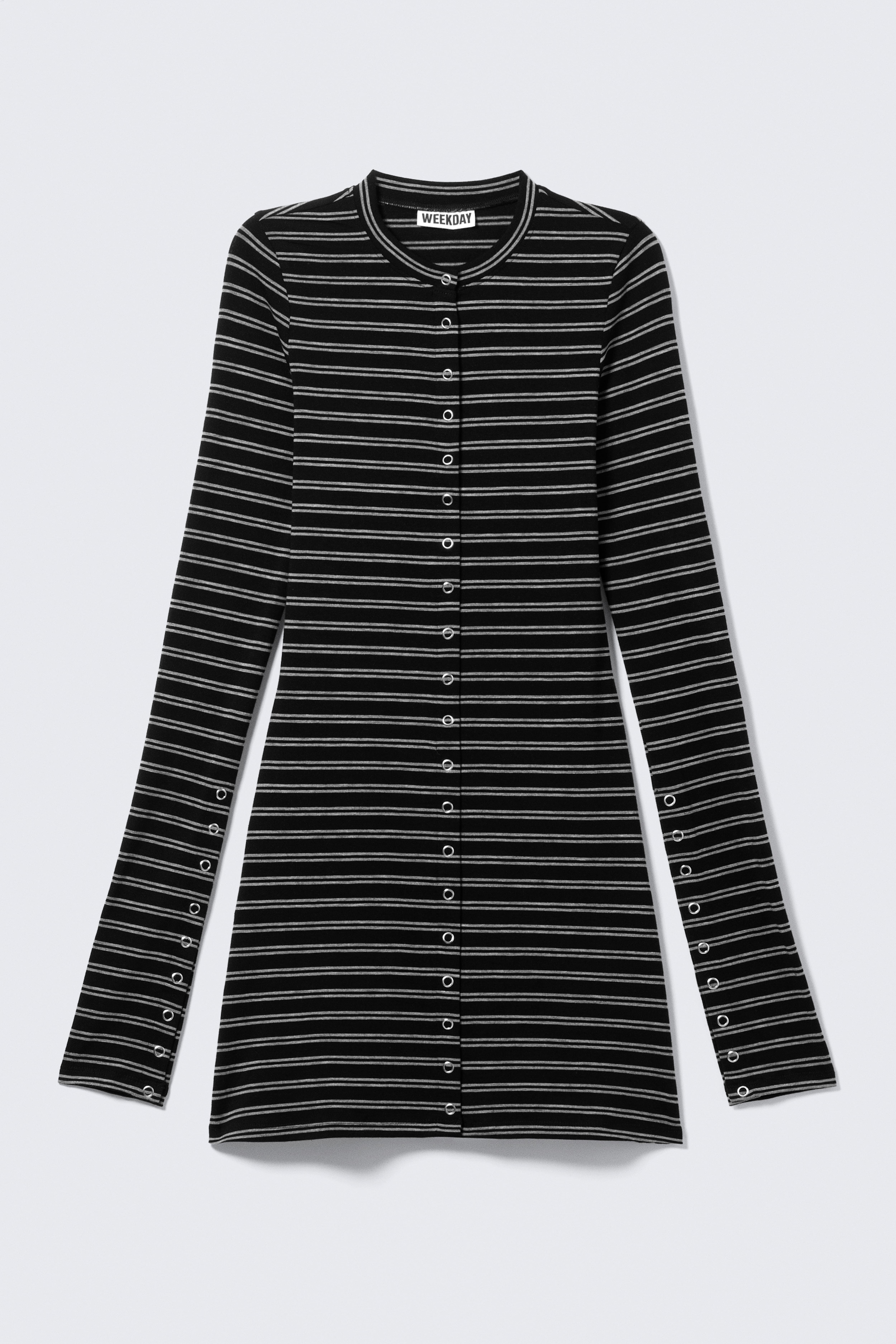 Langärmeliges Minikleid mit Druckknöpfen - Schwarz mit Streifen/Schwarz