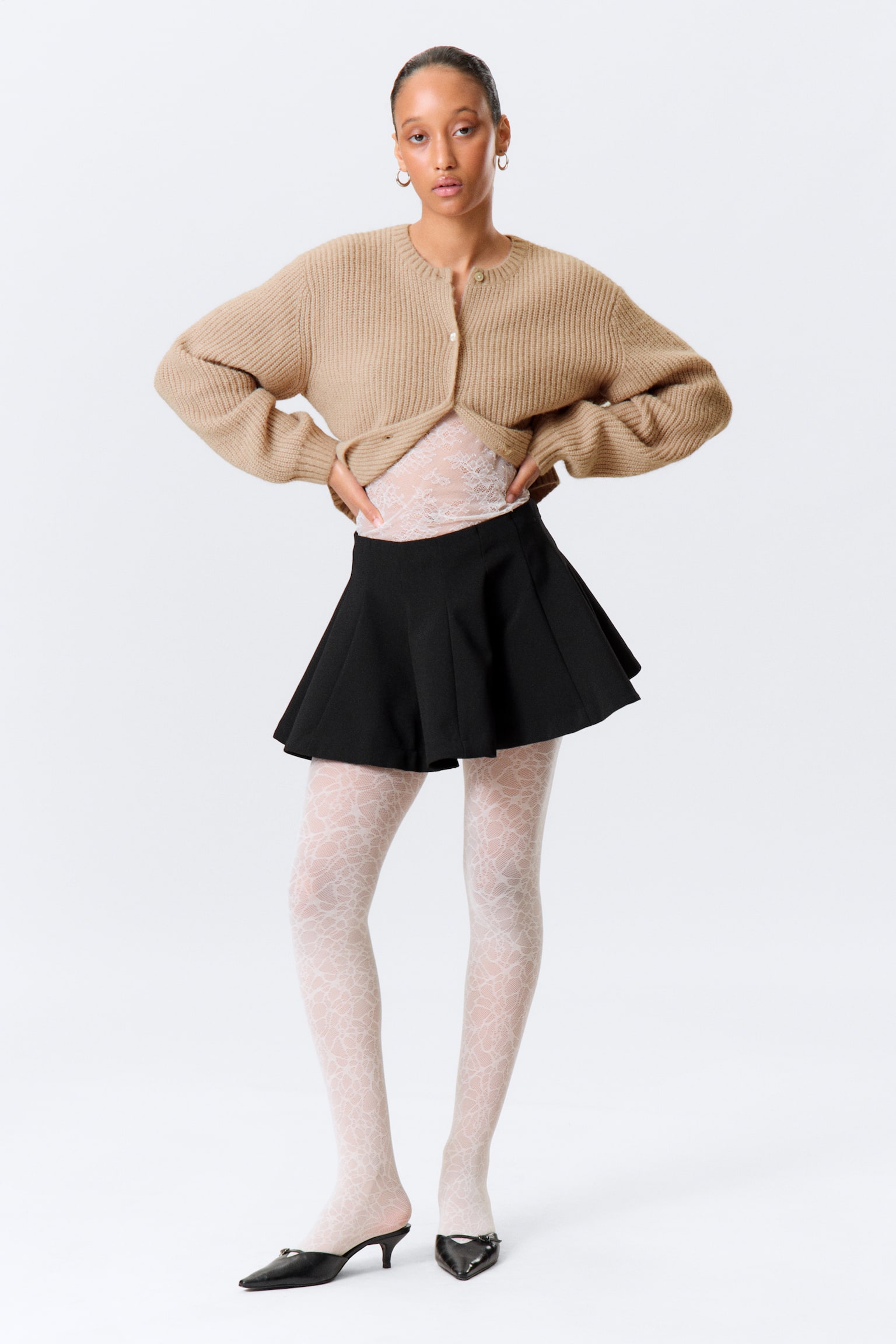 Laskostettu minihame - Musta/Beige - 5