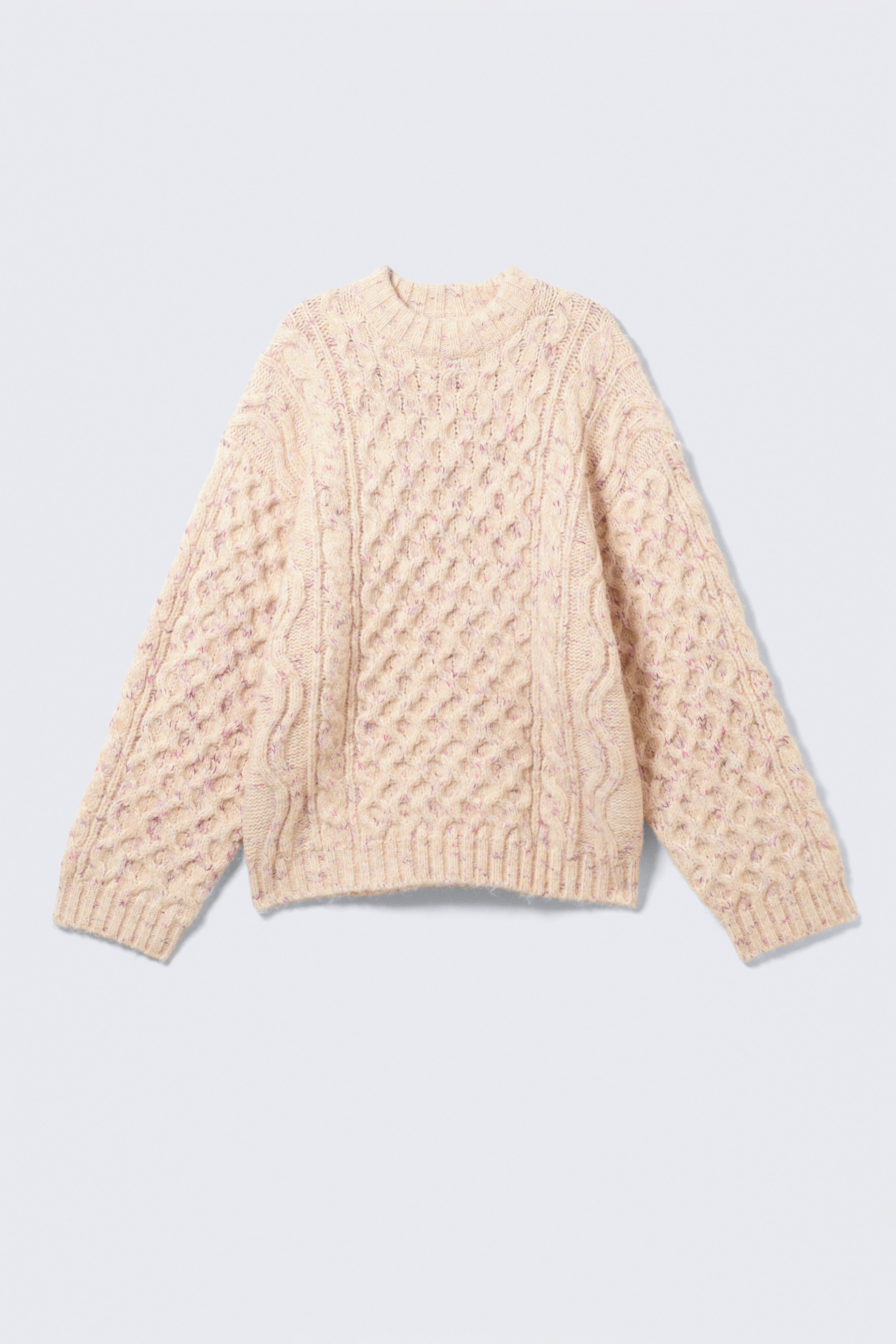 Langer, strukturierter Strickpullover mit Zopfmuster - Beige - Rosa Knötchen/Dunkelviolett - Rosa Knötchen/Leuchtendes Rot